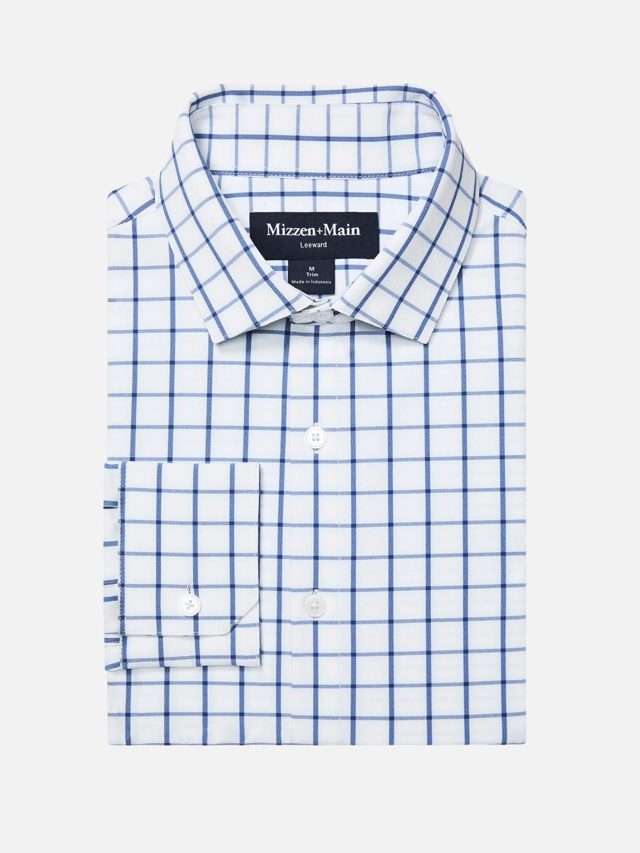 Mizzen + Main No Tuck Leeward LS Long Sleeve Dress Shirt Collared Button Down White Navy Windowpane Pattern Kempt Athens GA Georgia Menswear Store