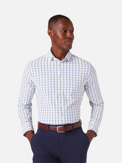Mizzen + Main No Tuck Leeward LS Long Sleeve Dress Shirt Collared Button Down White Navy Windowpane Pattern Kempt Athens GA Georgia Menswear Store