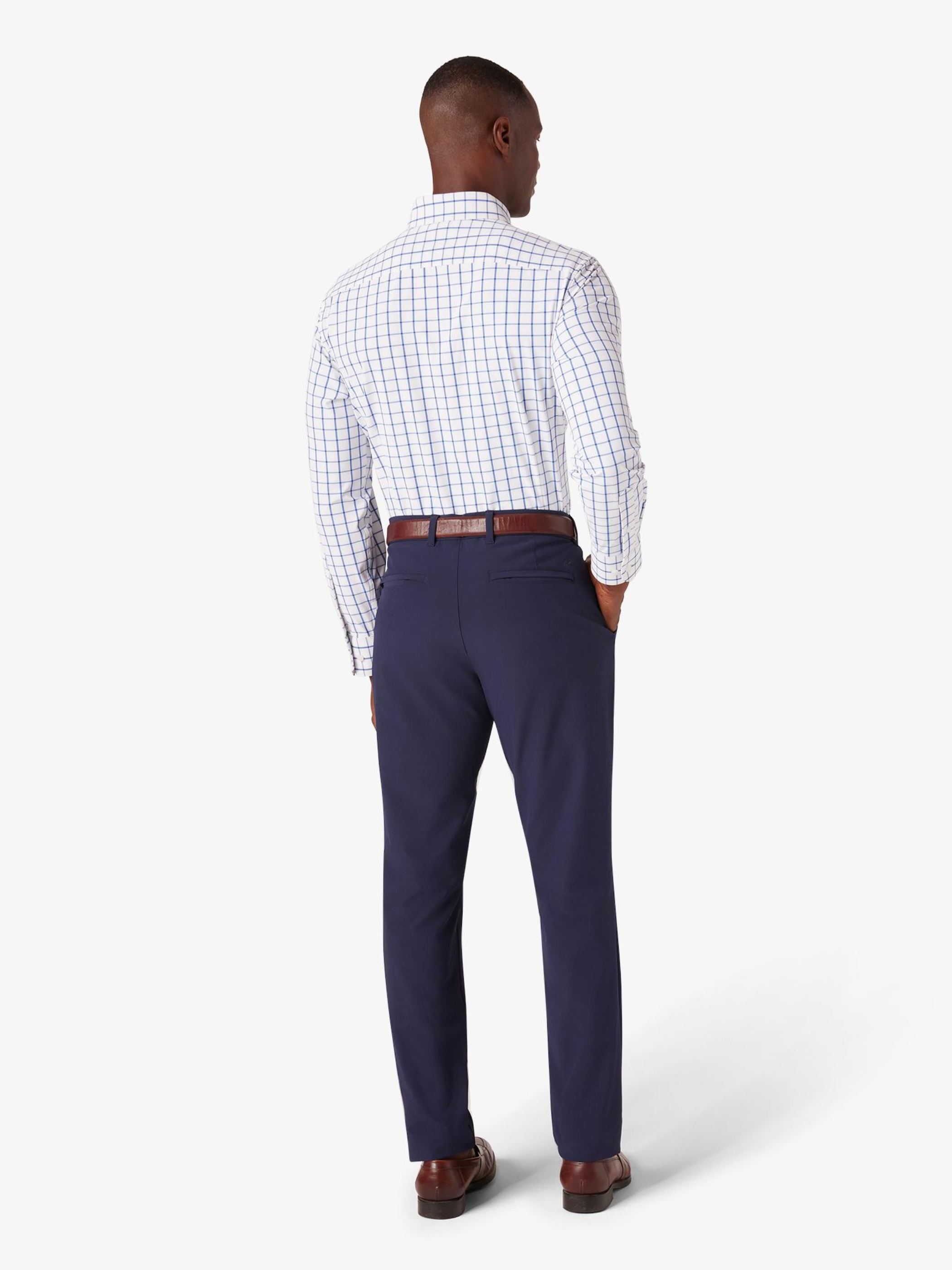 Mizzen + Main No Tuck Leeward LS Long Sleeve Dress Shirt Collared Button Down White Navy Windowpane Pattern Kempt Athens GA Georgia Menswear Store