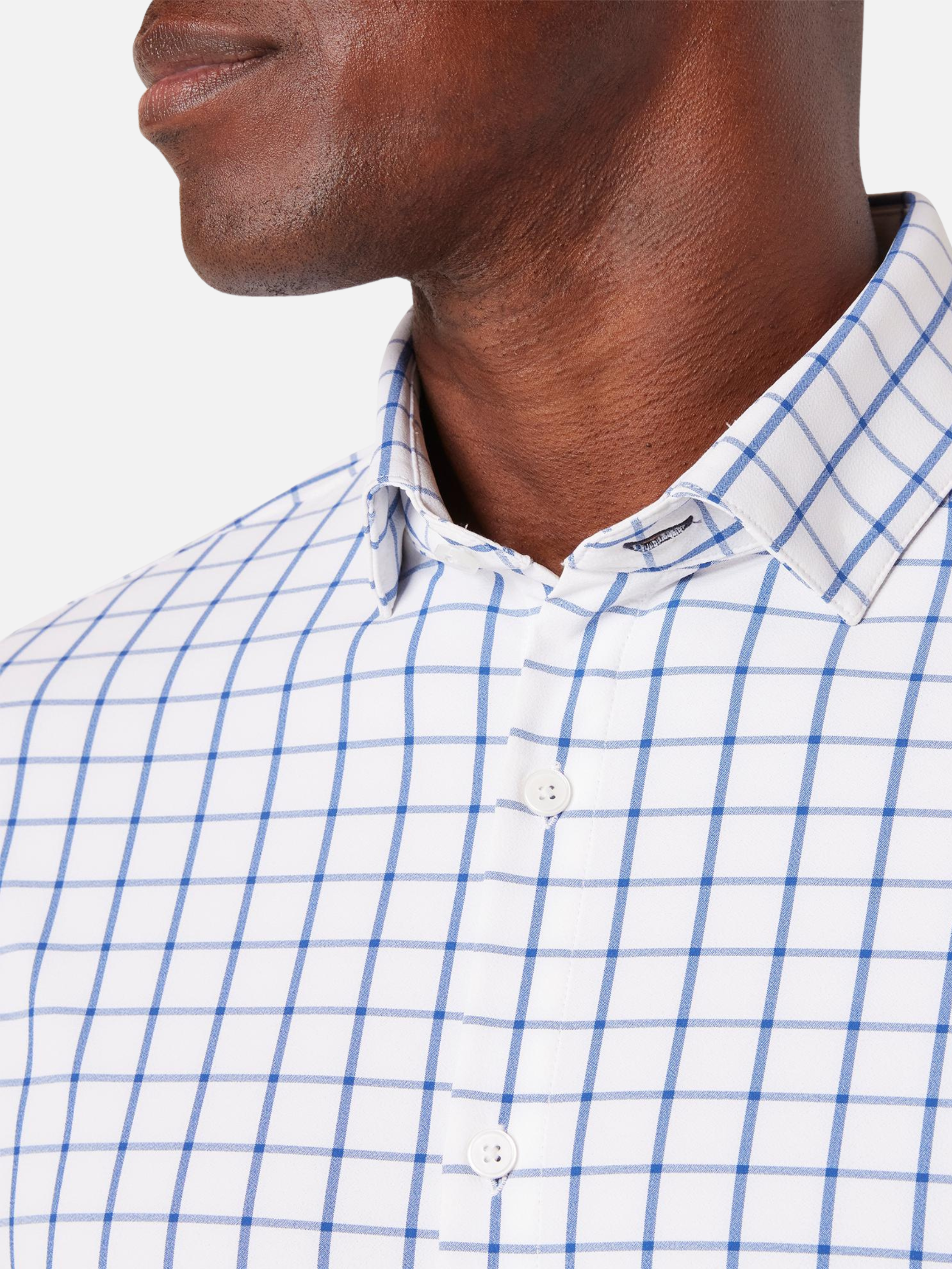 Mizzen + Main No Tuck Leeward LS Long Sleeve Dress Shirt Collared Button Down White Navy Windowpane Pattern Kempt Athens GA Georgia Menswear Store