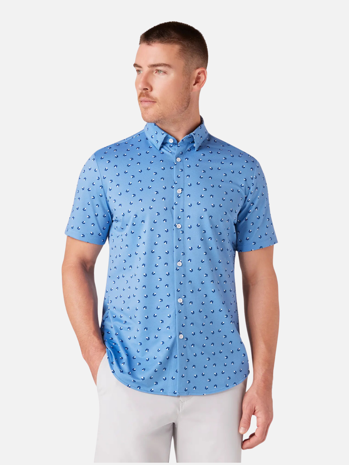 Mizzen and + Main Halyard Dress Shirt Button Down Hidden Collar Provence Floral Menswear Summer Short Sleeve Performance No Tuck Mens Clothing Store Athens Georgia Kempt Athens New Arrival