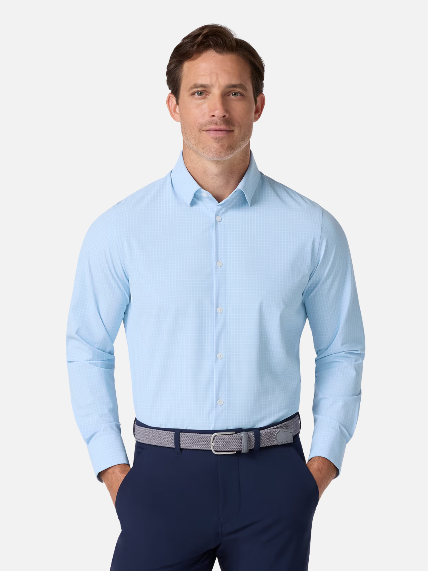 Mizzen + Main Leeward LS Dress Shirt Cloud Blue Mini Grid Kempt Mens Clothing Store Athens Georgia Formal Shirt