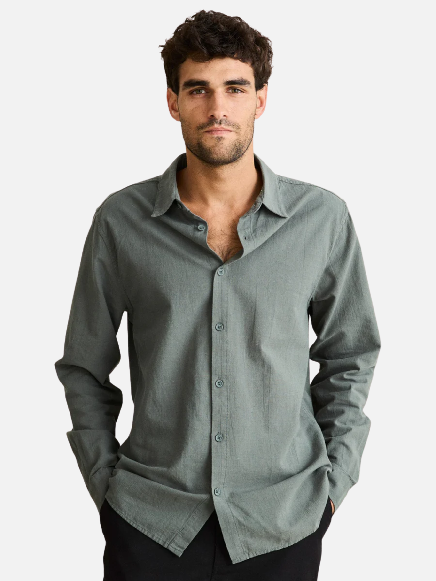Rhythm Classic Linen LS Long Sleeve Shirt Silver Pine Green Men's Collared Linen Button Up For Men Athens GA Georgia Kempt Menswear Store Near Me
