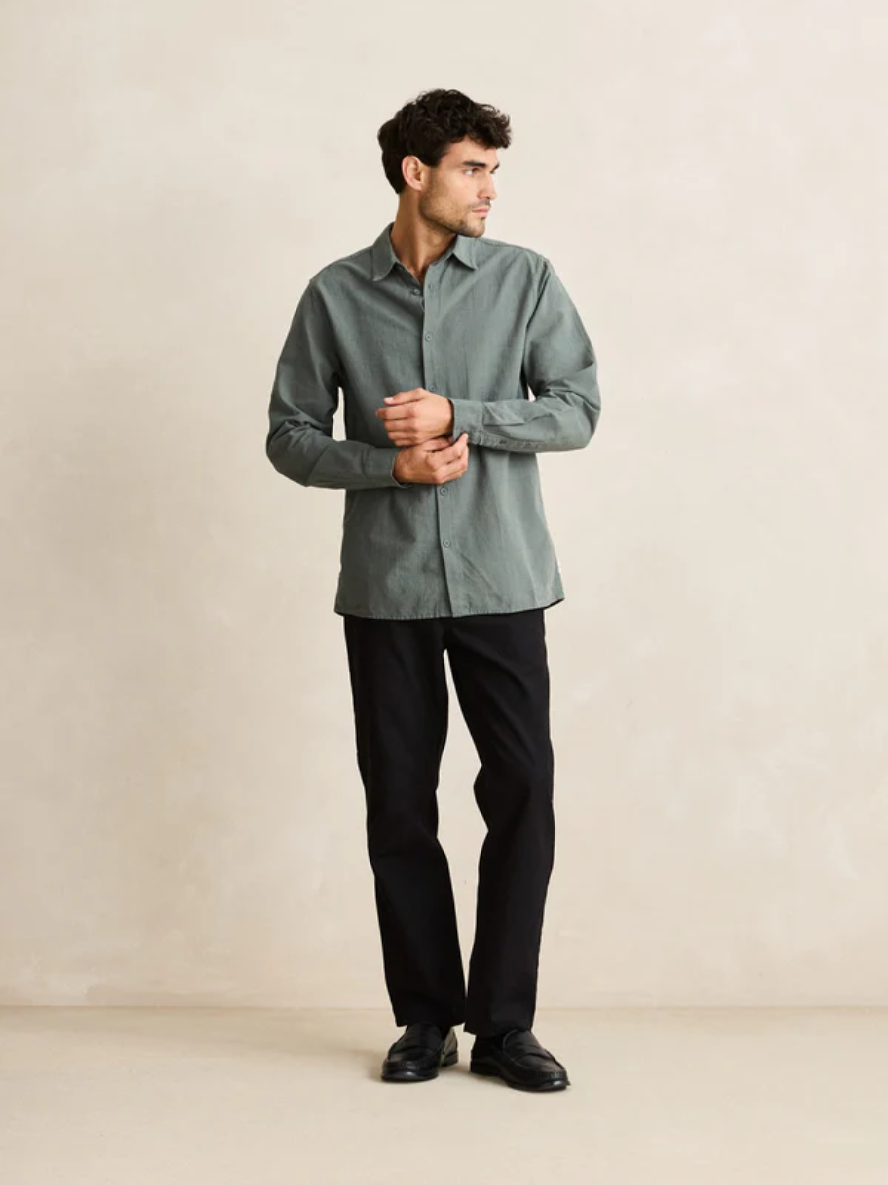 Rhythm Classic Linen LS Long Sleeve Shirt Silver Pine Green Men's Collared Linen Button Up For Men Athens GA Georgia Kempt Menswear Store Near Me