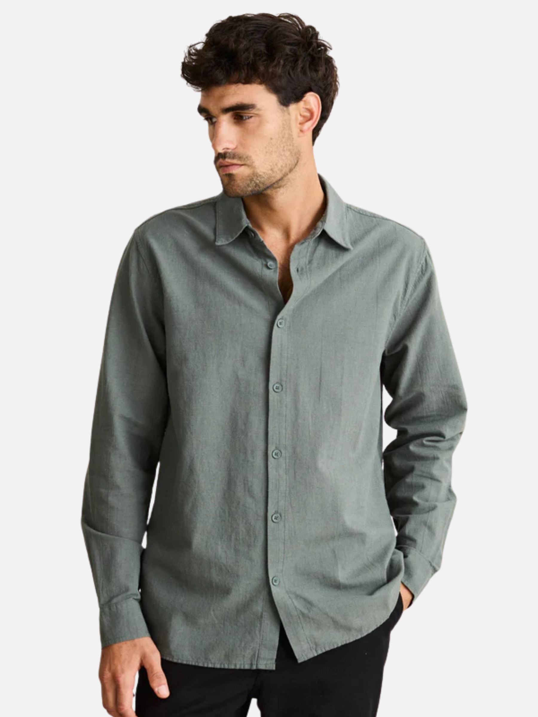 Rhythm Classic Linen LS Long Sleeve Shirt Silver Pine Green Men's Collared Linen Button Up For Men Athens GA Georgia Kempt Menswear Store Near Me