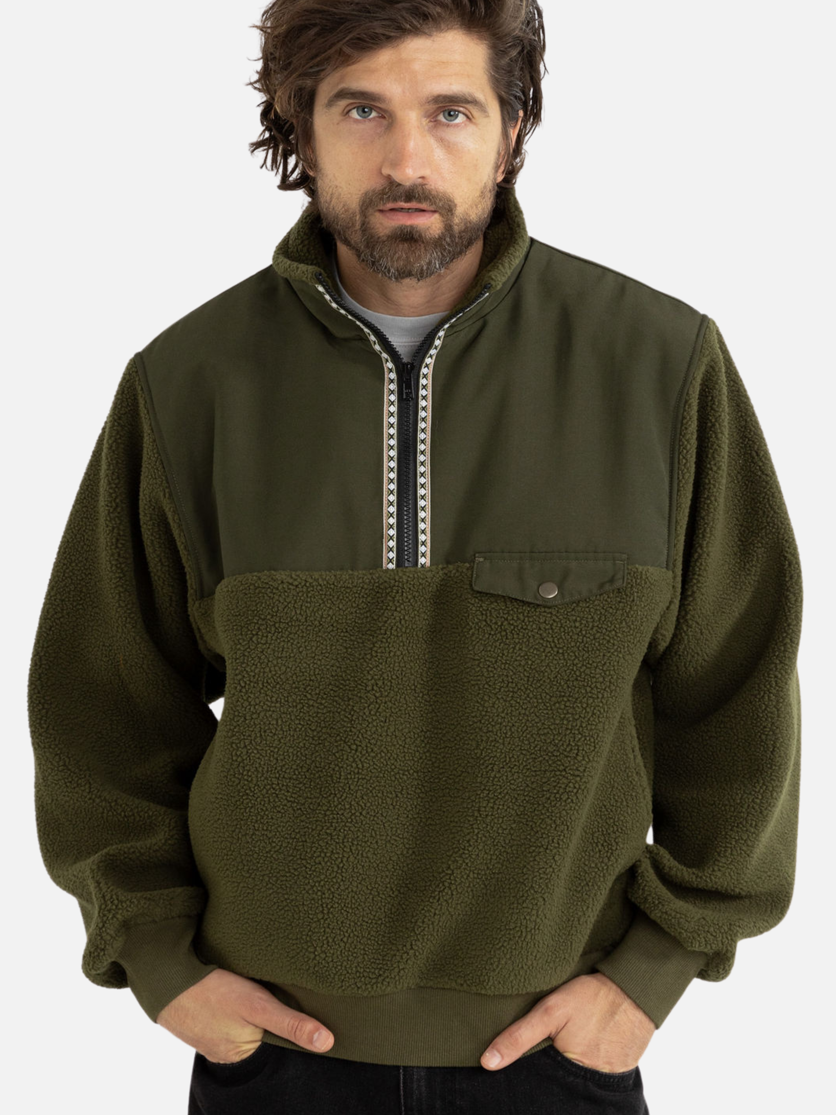 Rhythm Livin Pfeiffer Sherpa Fleece  Pullover Olive Green Men's LS Long Sleeve Half-Zip For Men Athens GA Georgia Kempt Menswear Store Near Me