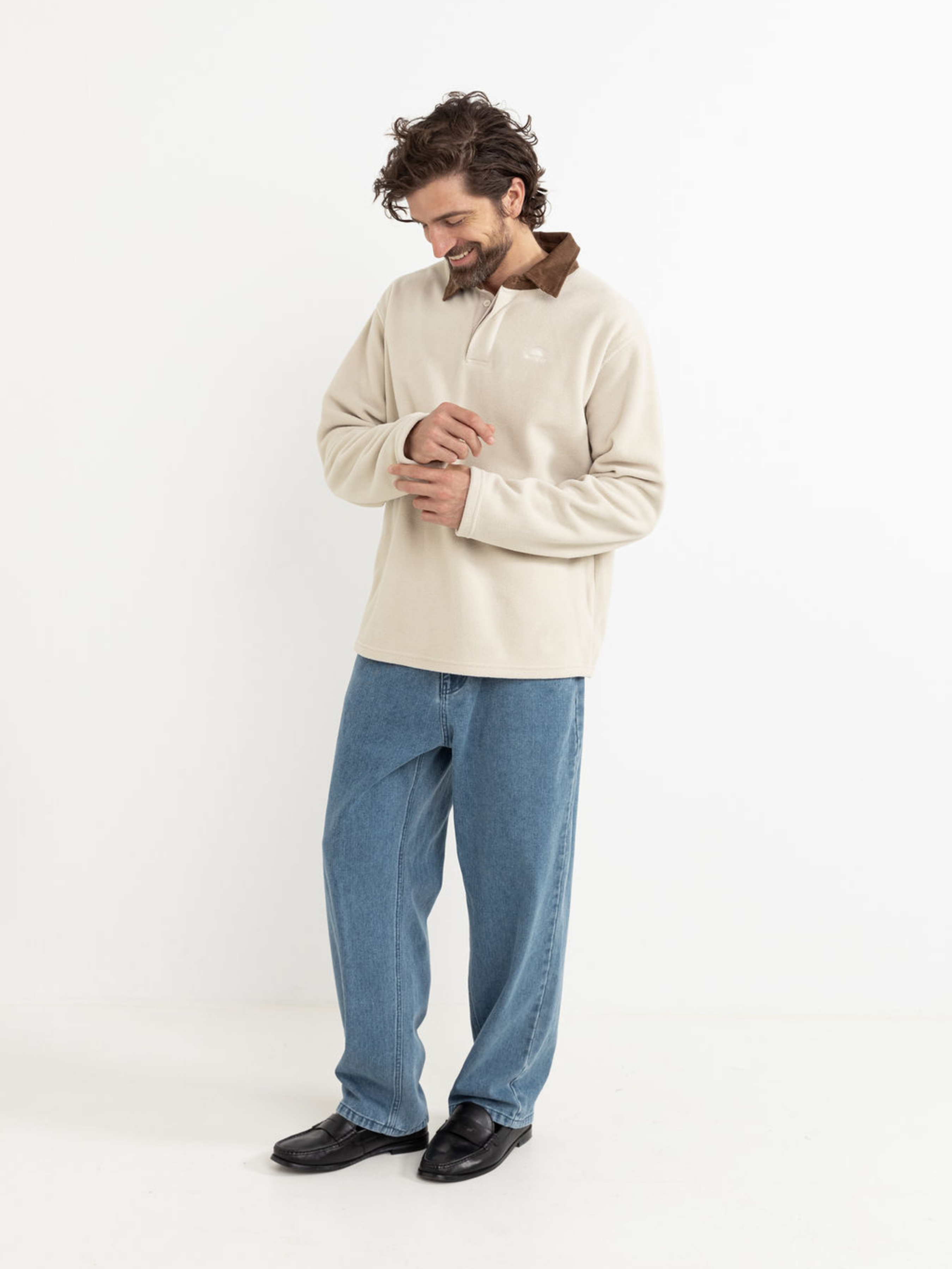 Rhythm Livin Awake Polar Fleece Polo Natural Men's LS Long Sleeve Fleece Rugby Polo Cream For Men Athens GA Georgia Kempt Menswear Store Near Me