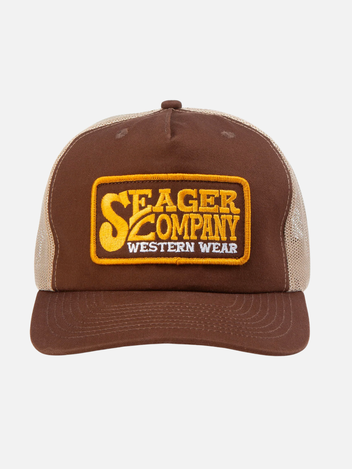 seager buckys trucker snapback cotton canvas mesh backing hat brown tan gold yellow white brand patch kempt athens ga georgia men's clothing store