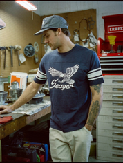 Seager Riggins Crew SS Short Sleeve Tee Graphic Stripe Navy Blue Men’s Top for Men Athens GA Georgia Kempt Menswear Store Near Me