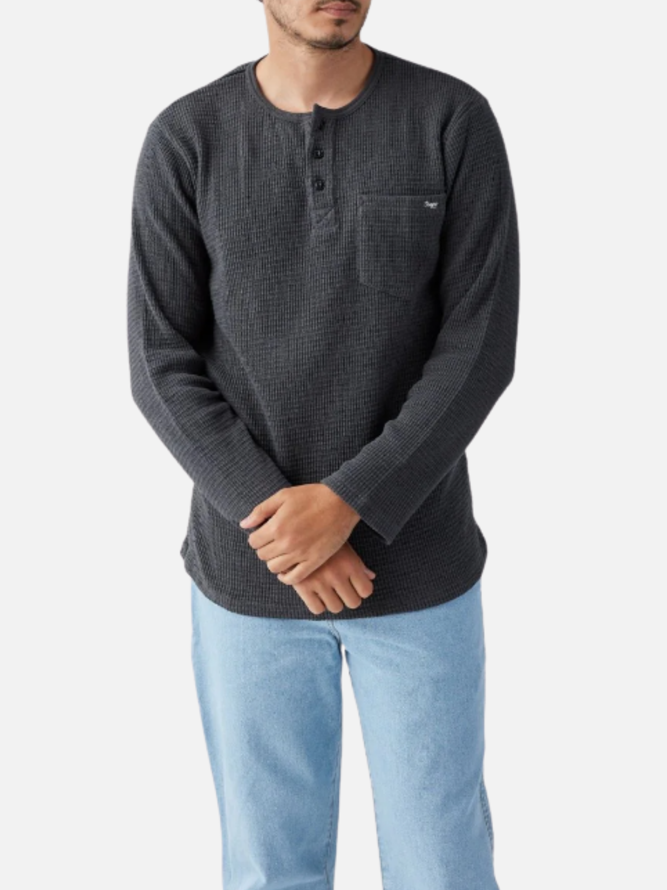 Seager Sawpit Henley LS Long Sleeve Thermal Shirt Men’s Fall Winter Tops for Men Vintage Black Washed Front Pocket Texture Athens GA Georgia Kempt Menswear Store Near Me