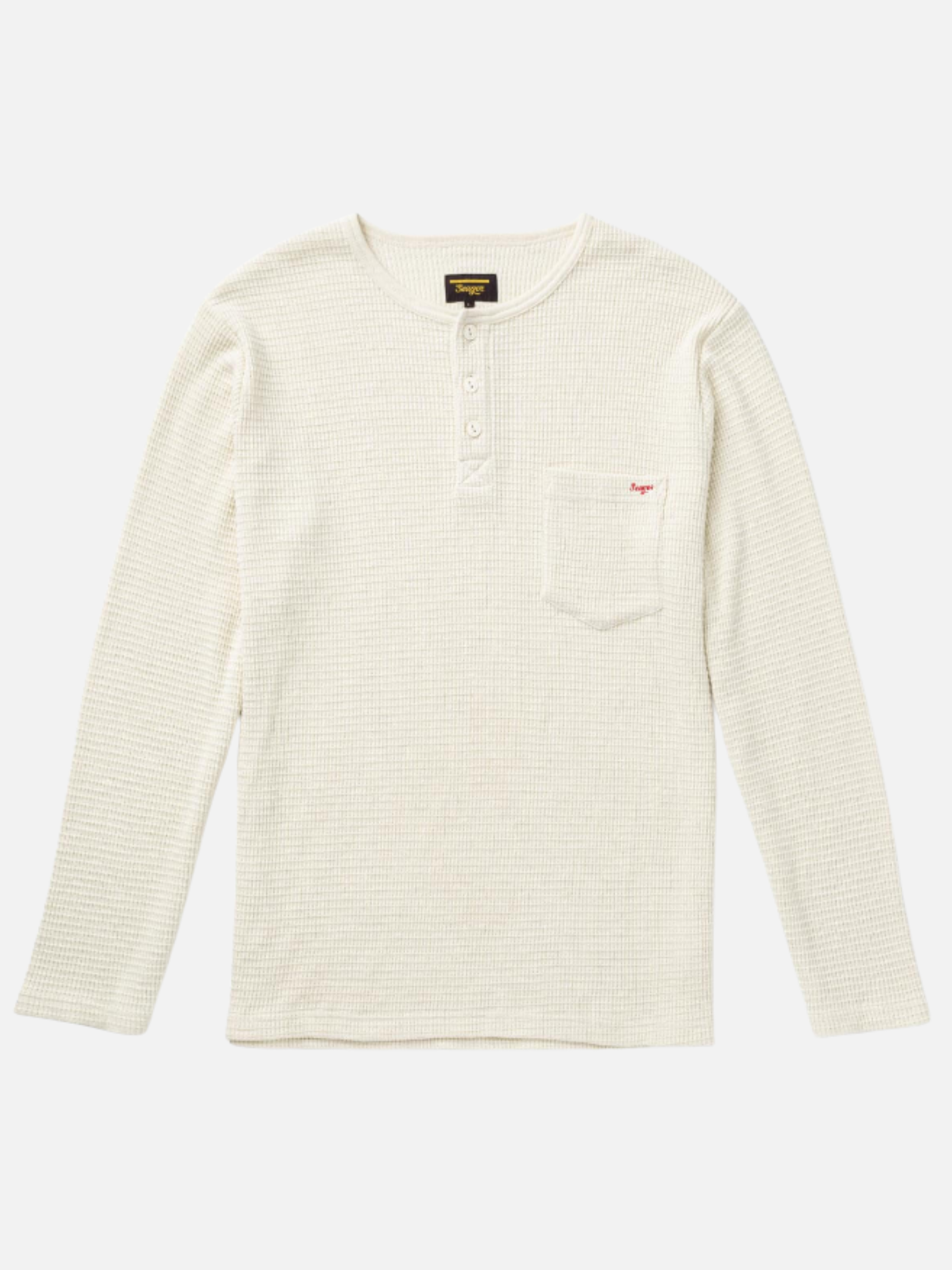 Seager Sawpit Henley LS Long Sleeve Thermal Shirt Men’s Fall Winter Tops for Men Vintage Black Washed Front Pocket Texture Athens GA Georgia Kempt Menswear Store Near Me