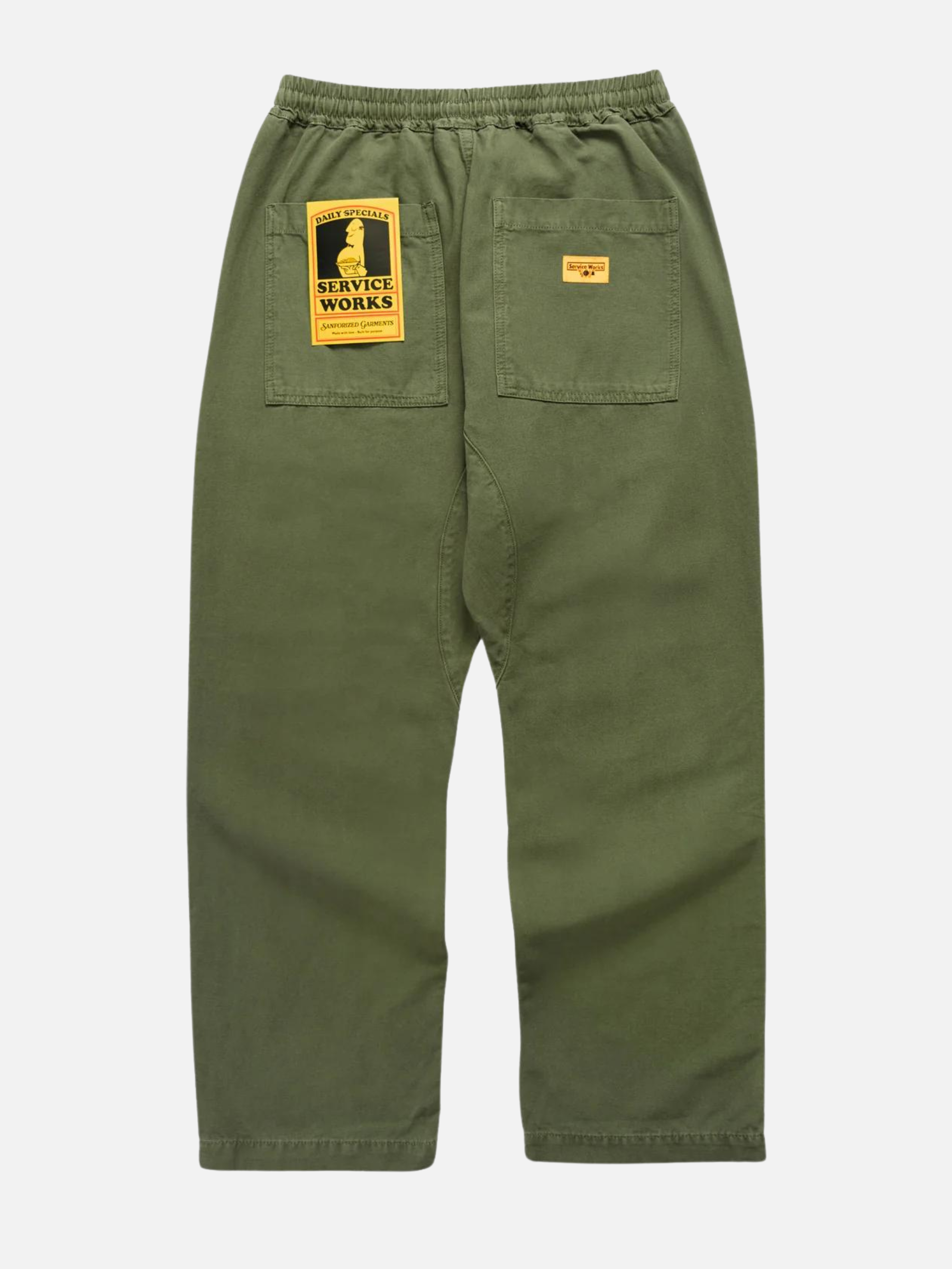 Service Works Canvas Chef Pants Olive Green Men’s Bottoms Trousers for Cooks Elastic Waistband Drawstring Athens Kempt Menswear Store
