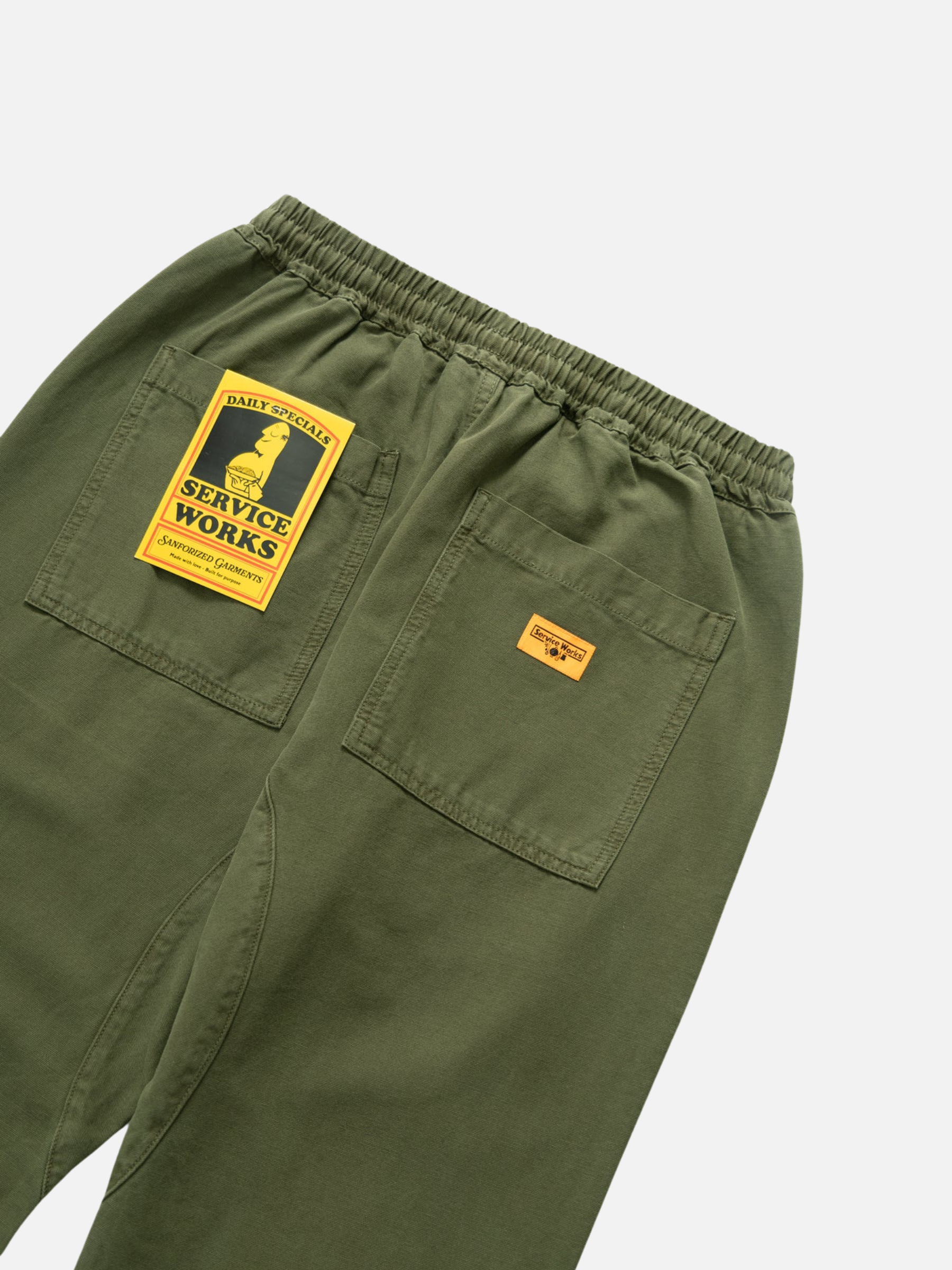 Service Works Canvas Chef Pants Olive Green Men’s Bottoms Trousers for Cooks Elastic Waistband Drawstring Athens Kempt Menswear Store