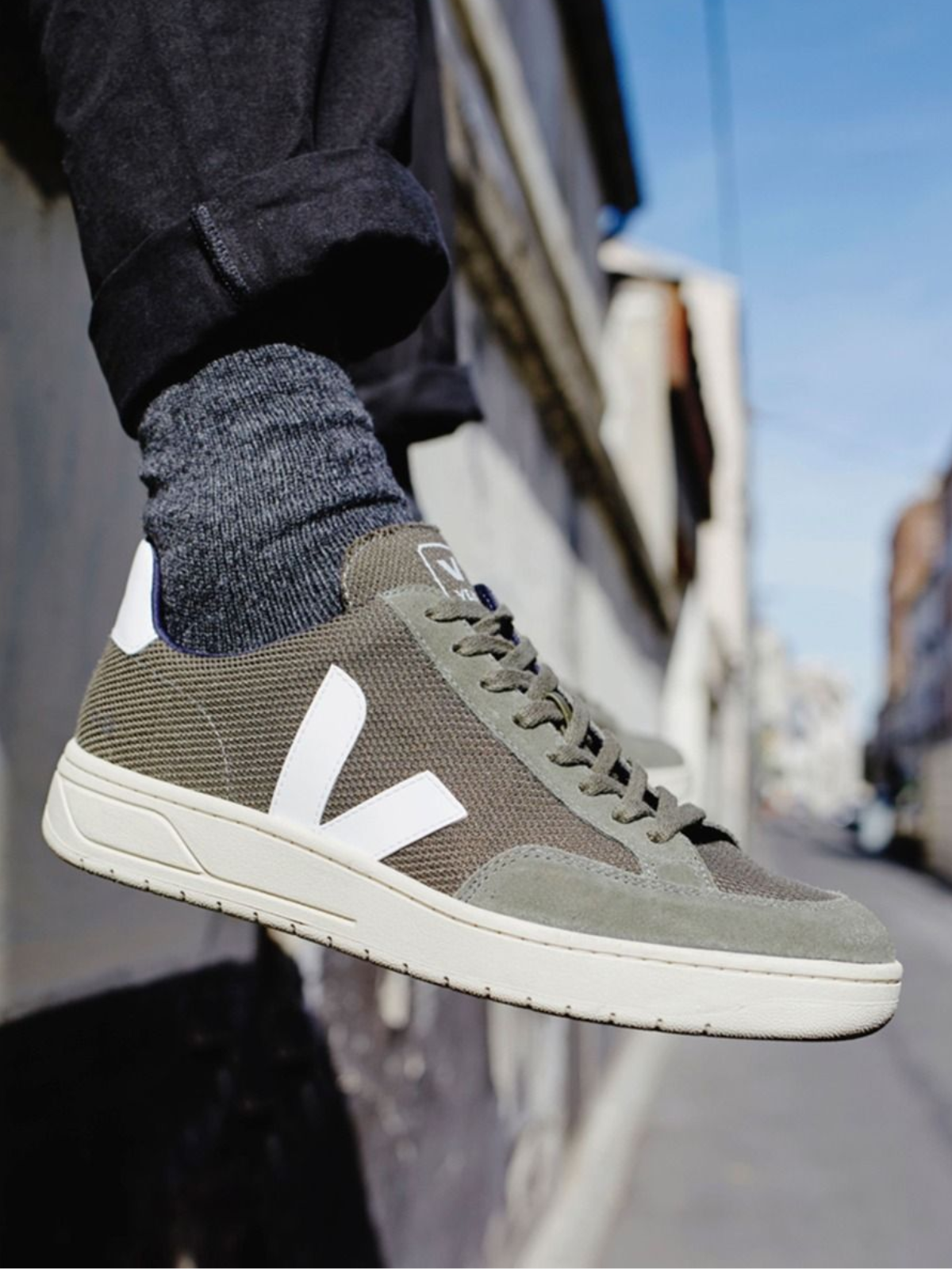 Veja V12 Sneaker B Mesh Olive White Vegan Suede Kempt Mens Clothing Athens GA UGA
