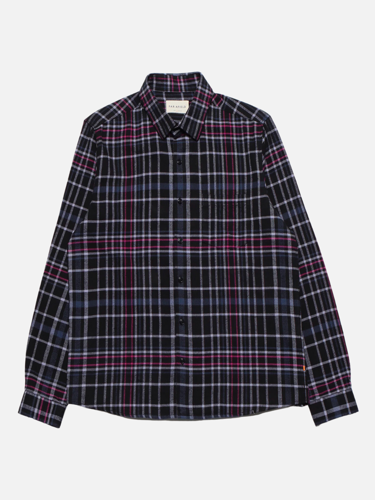 far afield classic ls long sleeve check plaid shirt black pink purple blue white grey gray flannel classic collar boxy fit button down kempt athens ga georgia men's clothing store