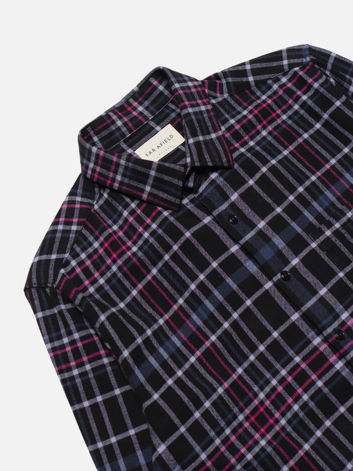 far afield classic ls long sleeve check plaid shirt black pink purple blue white grey gray flannel classic collar boxy fit button down kempt athens ga georgia men's clothing store