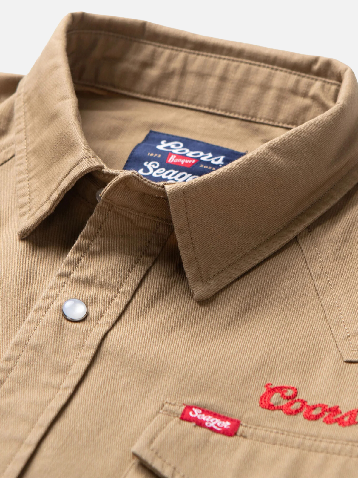 seager coors banquet beer collaboration celebrating 150 years of the brand reagan denim pearl snap khaki ls long sleeve button down kempt athens ga georgia men's clothing store western shirt
