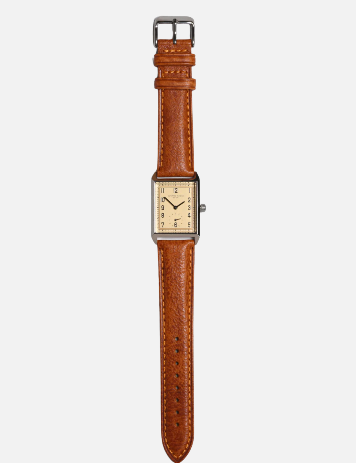 curated basics classic rectangular tank watch with japanese movement 20x40mm case dimensions tan leather green leather strap kempt athens ga georgia men's clothing store
