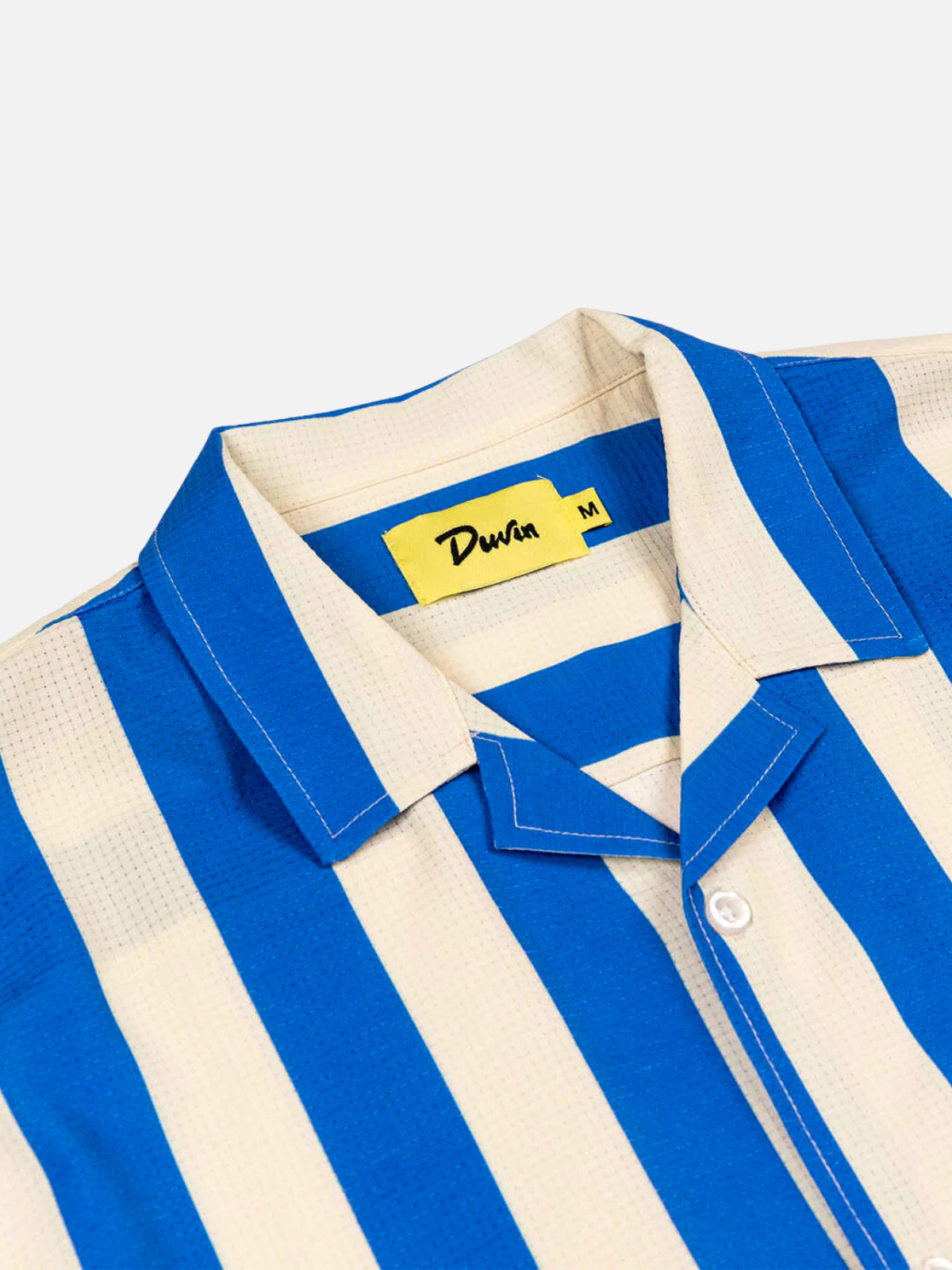 duvin traveler button up blue white stripe leisure shirt polyester spandex blend cuban collar kempt athens ga georgia men's clothing store