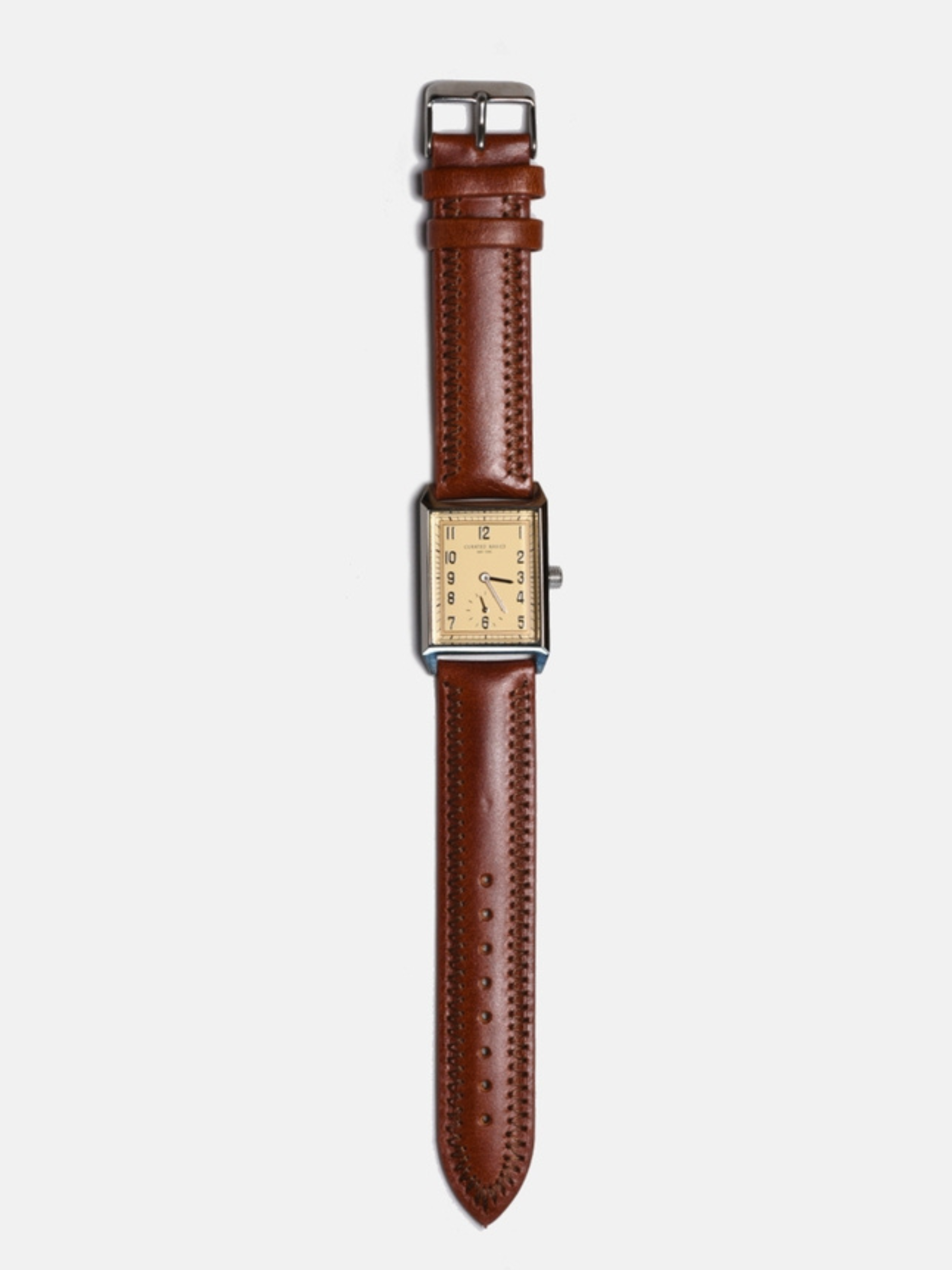 curated basics classic rectangular tank watch with japanese movement 20x40mm case dimensions tan leather green leather brown leather strap kempt athens ga georgia men's clothing store