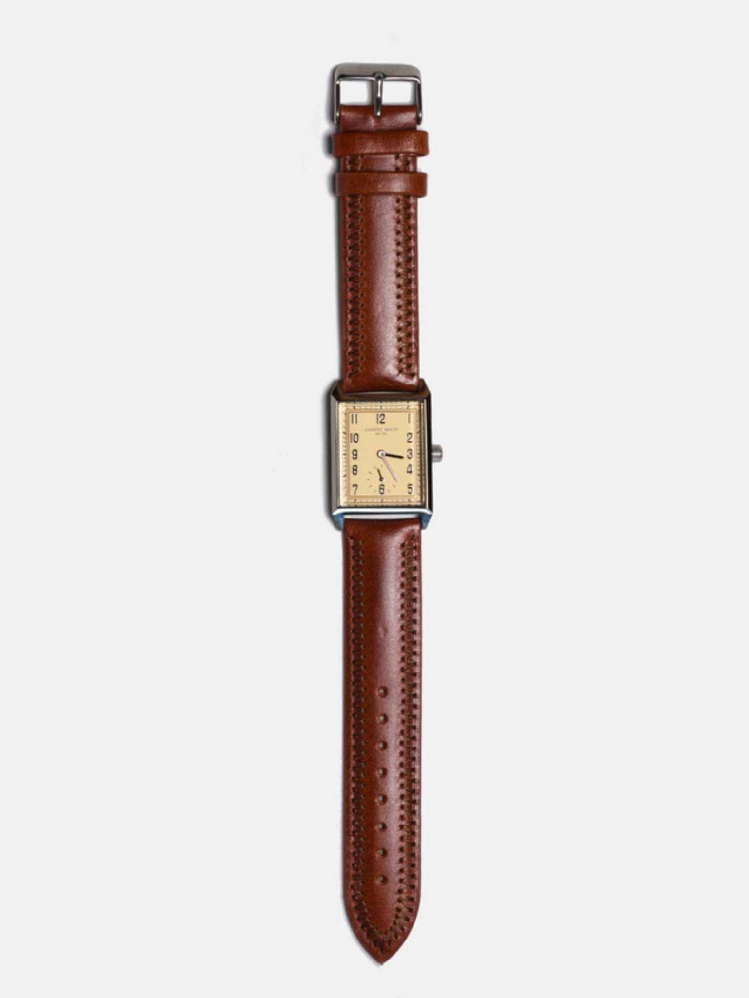 curated basics classic rectangular tank watch with japanese movement 20x40mm case dimensions tan leather green leather brown leather strap kempt athens ga georgia men's clothing store