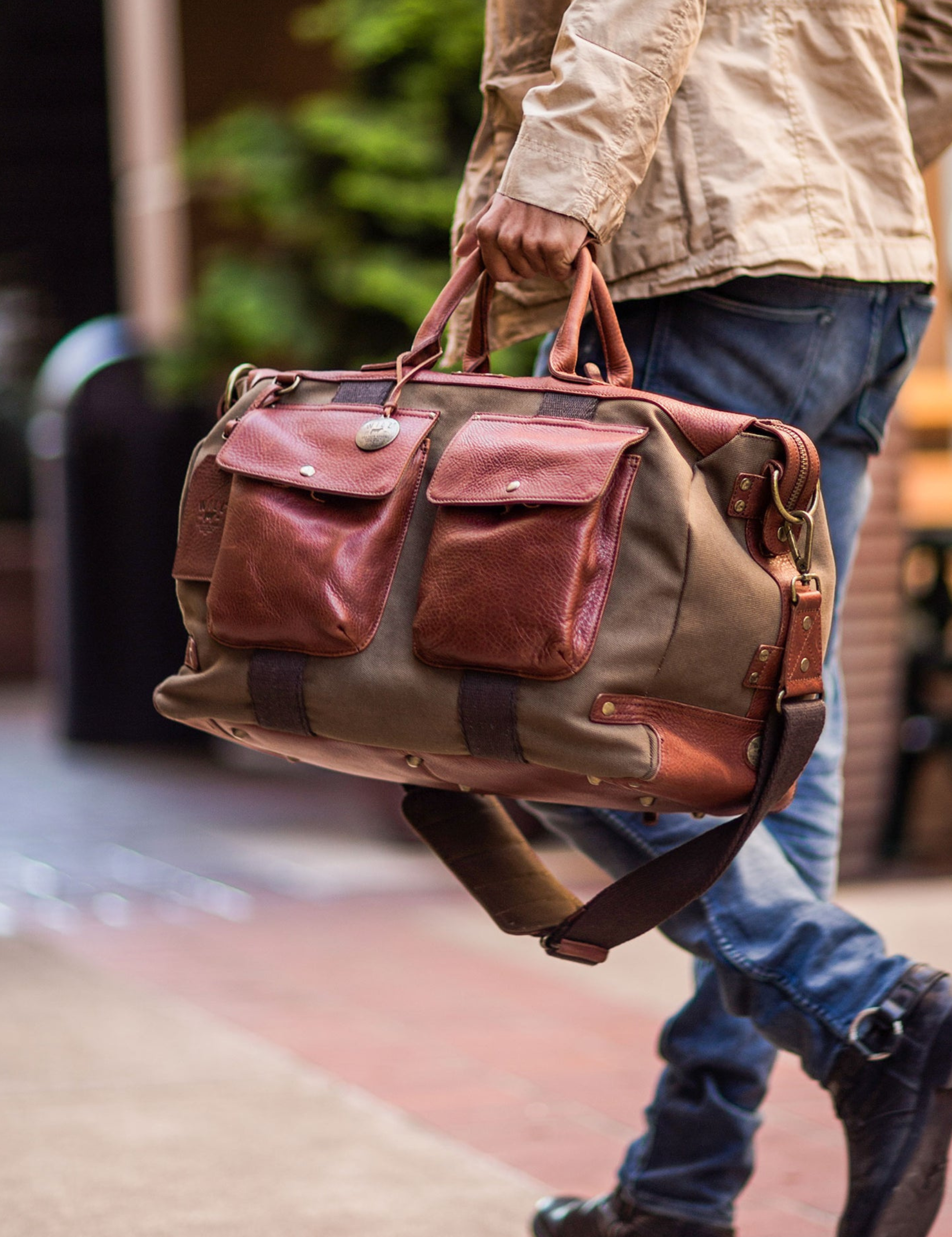 Will Leather Goods Canvas Cotton and Leather Travel Duffle Suitcase Band Long Strap Weekender Pockets Laptop Storage Tobacco Green Olive Brown Plaid Lining Gifts for Him Husband Gift Athens GA Georgia Kempt Menswear Store Near Me