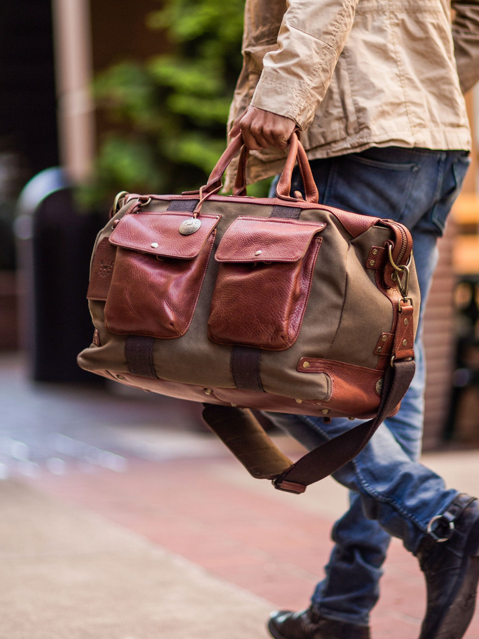 Will Leather Goods Canvas Cotton and Leather Travel Duffle Suitcase Band Long Strap Weekender Pockets Laptop Storage Tobacco Green Olive Brown Plaid Lining Gifts for Him Husband Gift Athens GA Georgia Kempt Menswear Store Near Me