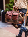 Will Leather Goods Canvas Cotton and Leather Travel Duffle Suitcase Band Long Strap Weekender Pockets Laptop Storage Tobacco Green Olive Brown Plaid Lining Gifts for Him Husband Gift Athens GA Georgia Kempt Menswear Store Near Me
