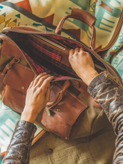 Will Leather Goods Canvas Cotton and Leather Travel Duffle Suitcase Band Long Strap Weekender Pockets Laptop Storage Tobacco Green Olive Brown Plaid Lining Gifts for Him Husband Gift Athens GA Georgia Kempt Menswear Store Near Me