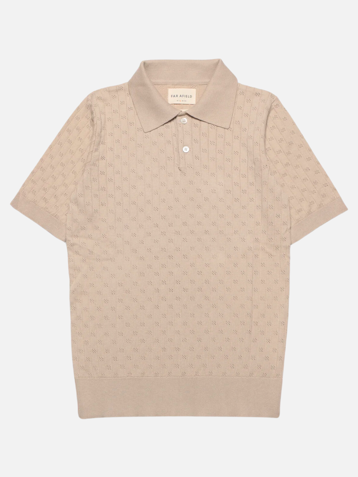 far afield jacobs ss short sleeve perforated lace polo sand peyote cream tan color 100% organic cotton knit sweater polo ribbed cuff hem kempt athens ga georgia men's clothing store