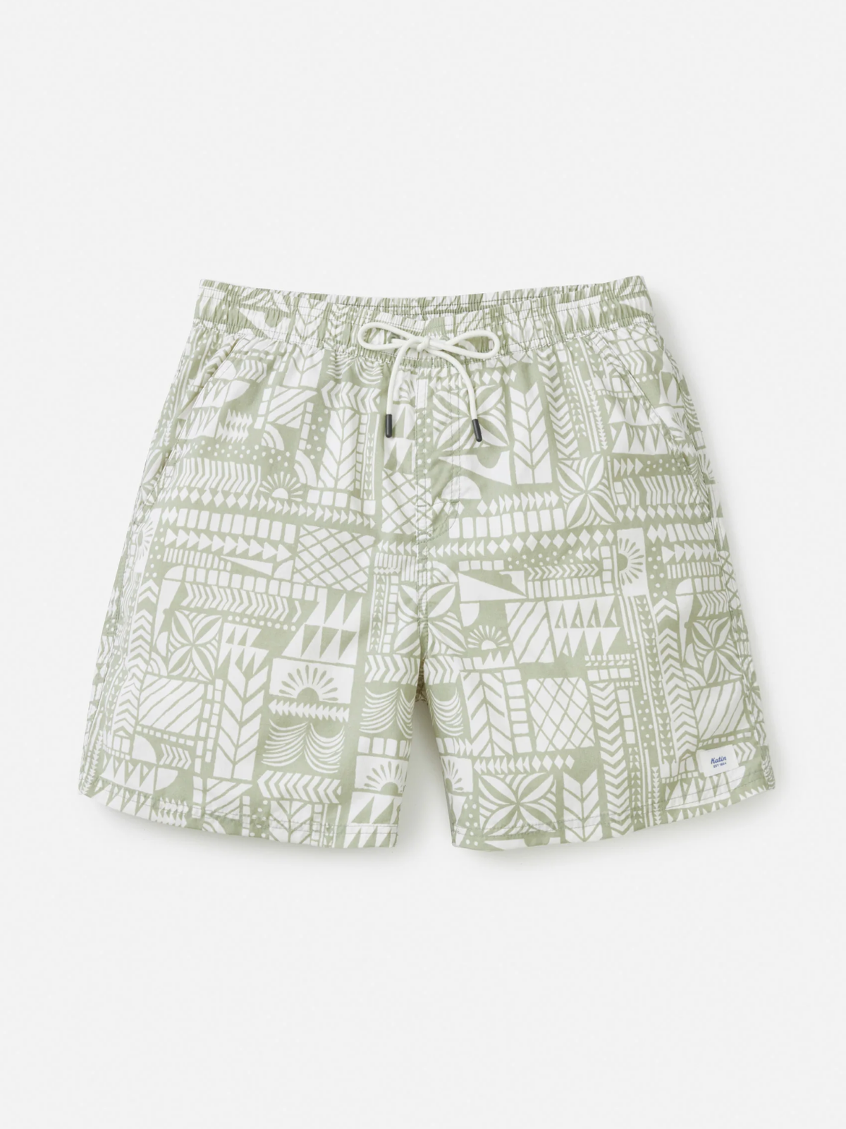 katin atoll volley swim trunk desert sage green white aztec tribal pattern elastic waistband drawstring beach short 100% nylon kempt athens ga georgia men's clothing store