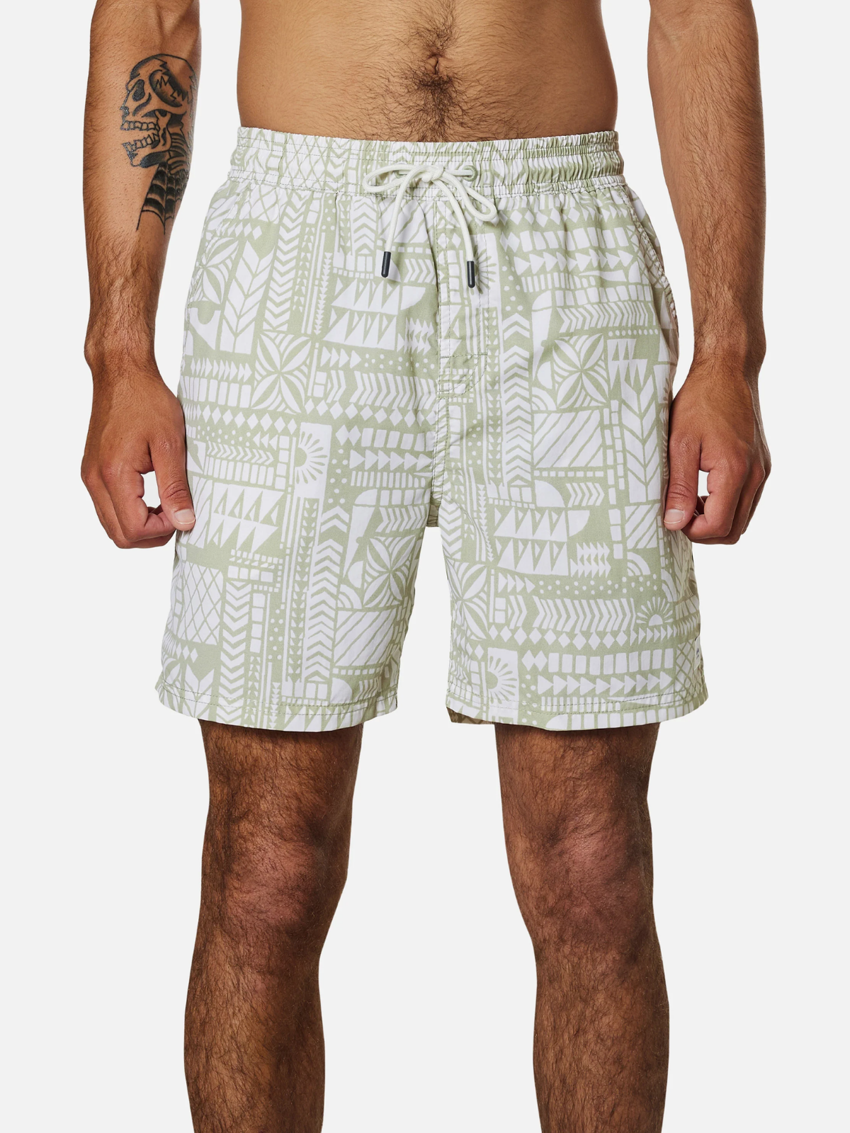 katin atoll volley swim trunk desert sage green white aztec tribal pattern elastic waistband drawstring beach short 100% nylon kempt athens ga georgia men's clothing store