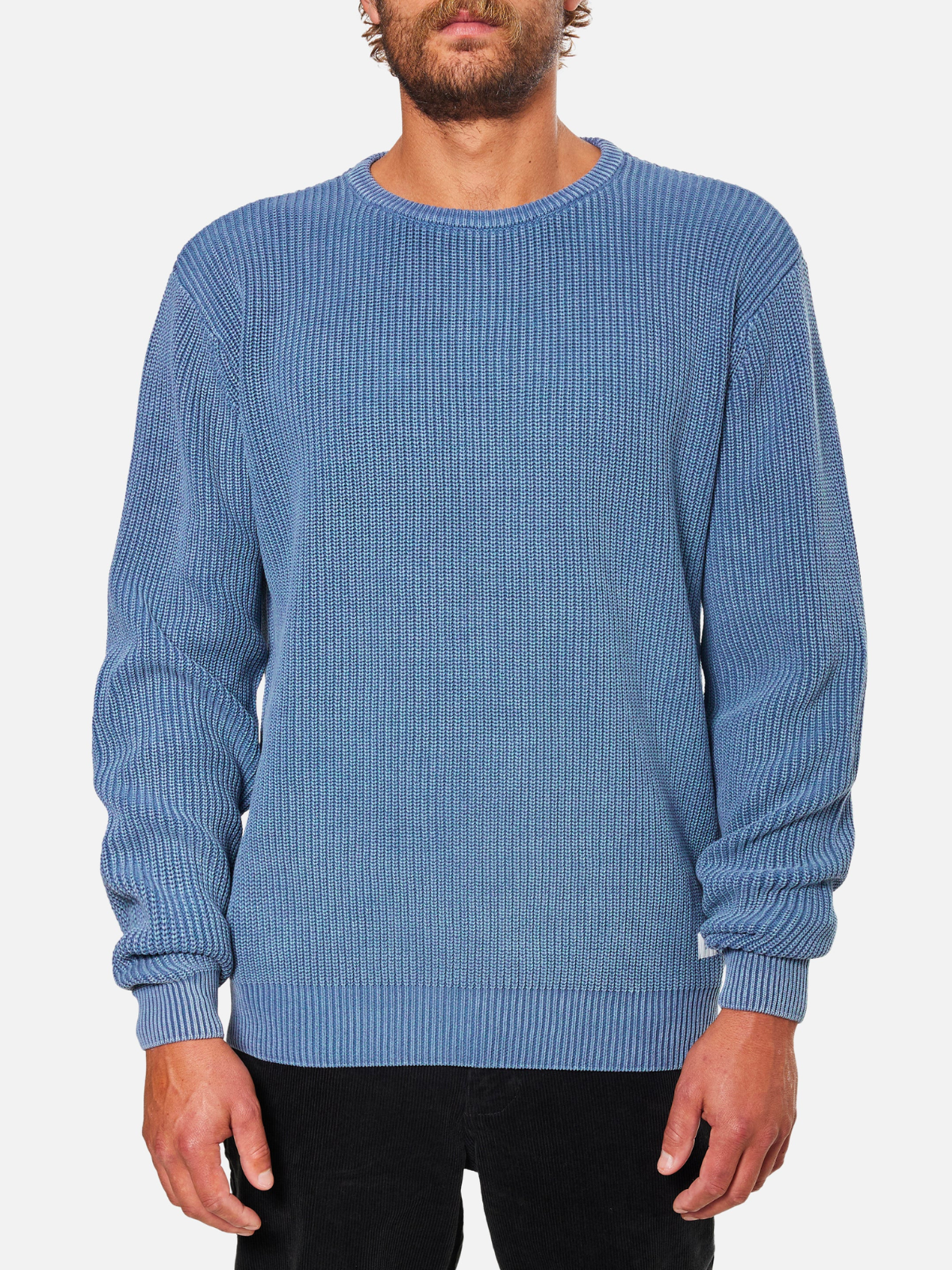 katin swell sweater washed blue cyan cable knit shaker stitch knit jumper crewneck ribbed cuff kempt athens ga georgia men's clothing store