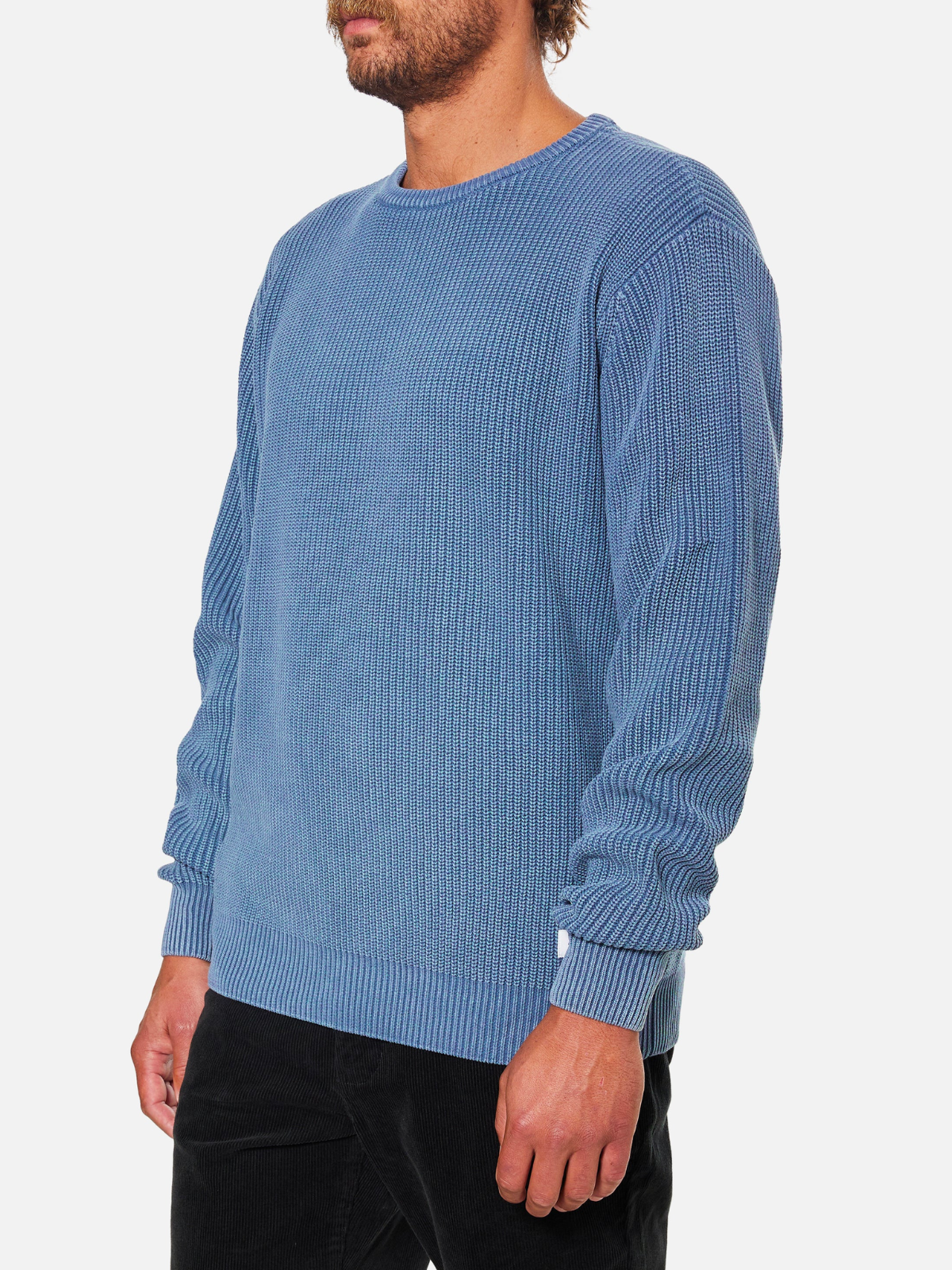 katin swell sweater washed blue cyan cable knit shaker stitch knit jumper crewneck ribbed cuff kempt athens ga georgia men's clothing store