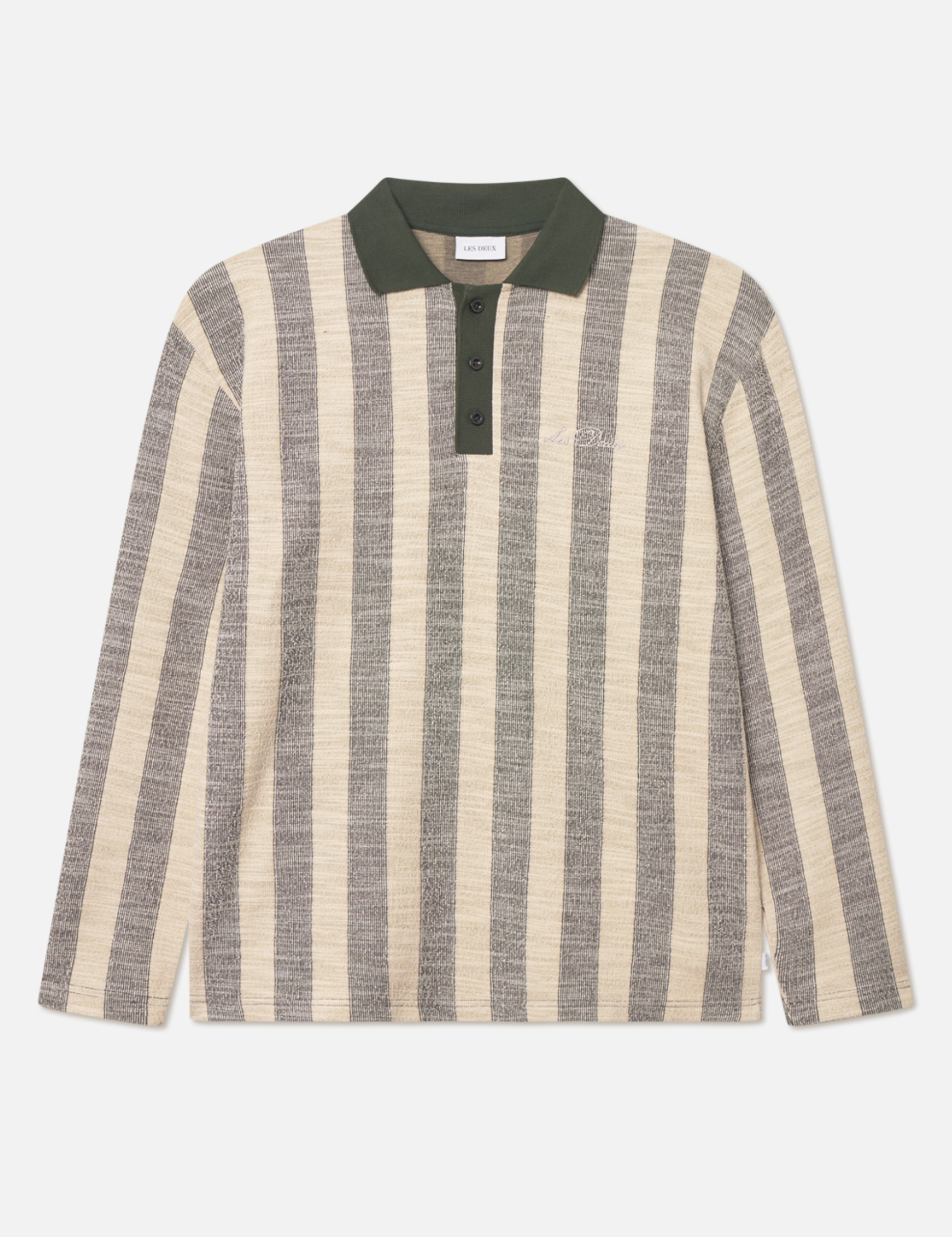 Les Deux Bowie Jacquard Jersey LS Long Sleeve Polo Shirt Duffel Bag Green Cream Stripe Design Contrast Collar Fall Winter Men’s Tops for Men Athens GA Georgia Kempt Menswear Store Near Me