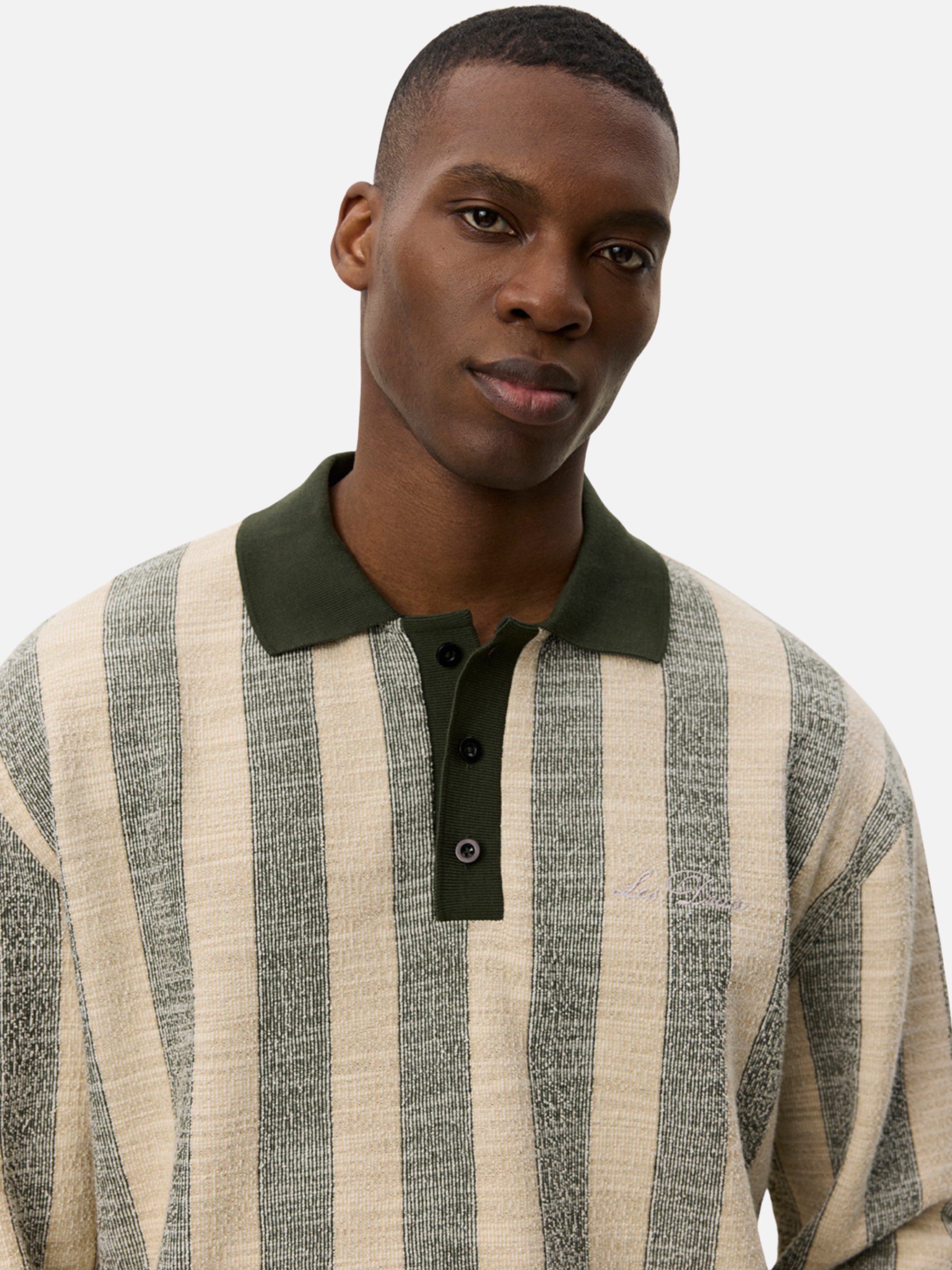 Les Deux Bowie Jacquard Jersey LS Long Sleeve Polo Shirt Duffel Bag Green Cream Stripe Design Contrast Collar Fall Winter Men’s Tops for Men Athens GA Georgia Kempt Menswear Store Near Me