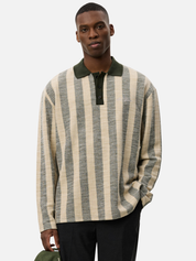 Les Deux Bowie Jacquard Jersey LS Long Sleeve Polo Shirt Duffel Bag Green Cream Stripe Design Contrast Collar Fall Winter Men’s Tops for Men Athens GA Georgia Kempt Menswear Store Near Me