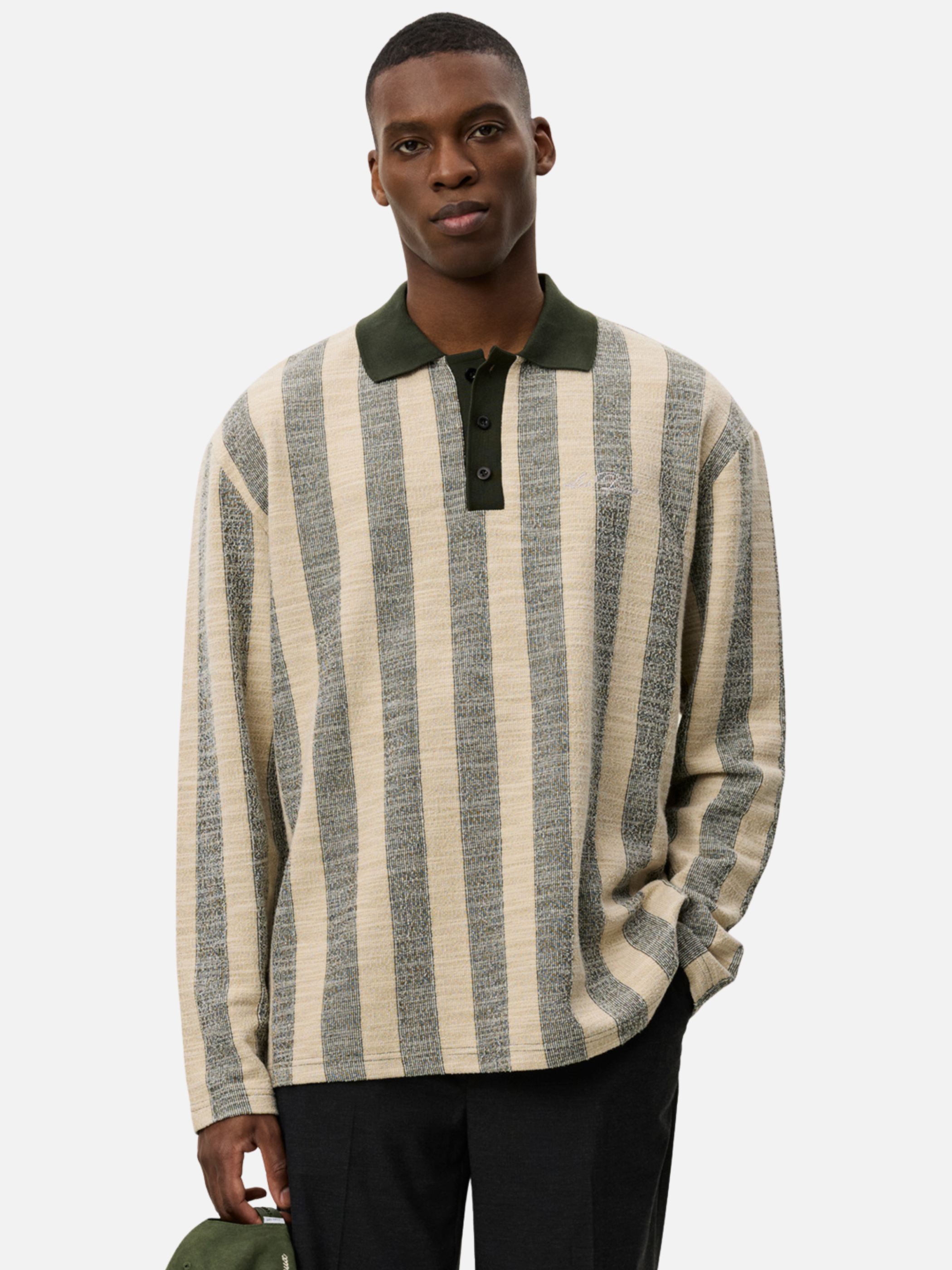 Les Deux Bowie Jacquard Jersey LS Long Sleeve Polo Shirt Duffel Bag Green Cream Stripe Design Contrast Collar Fall Winter Men’s Tops for Men Athens GA Georgia Kempt Menswear Store Near Me