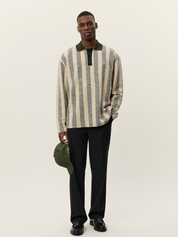 Les Deux Bowie Jacquard Jersey LS Long Sleeve Polo Shirt Duffel Bag Green Cream Stripe Design Contrast Collar Fall Winter Men’s Tops for Men Athens GA Georgia Kempt Menswear Store Near Me