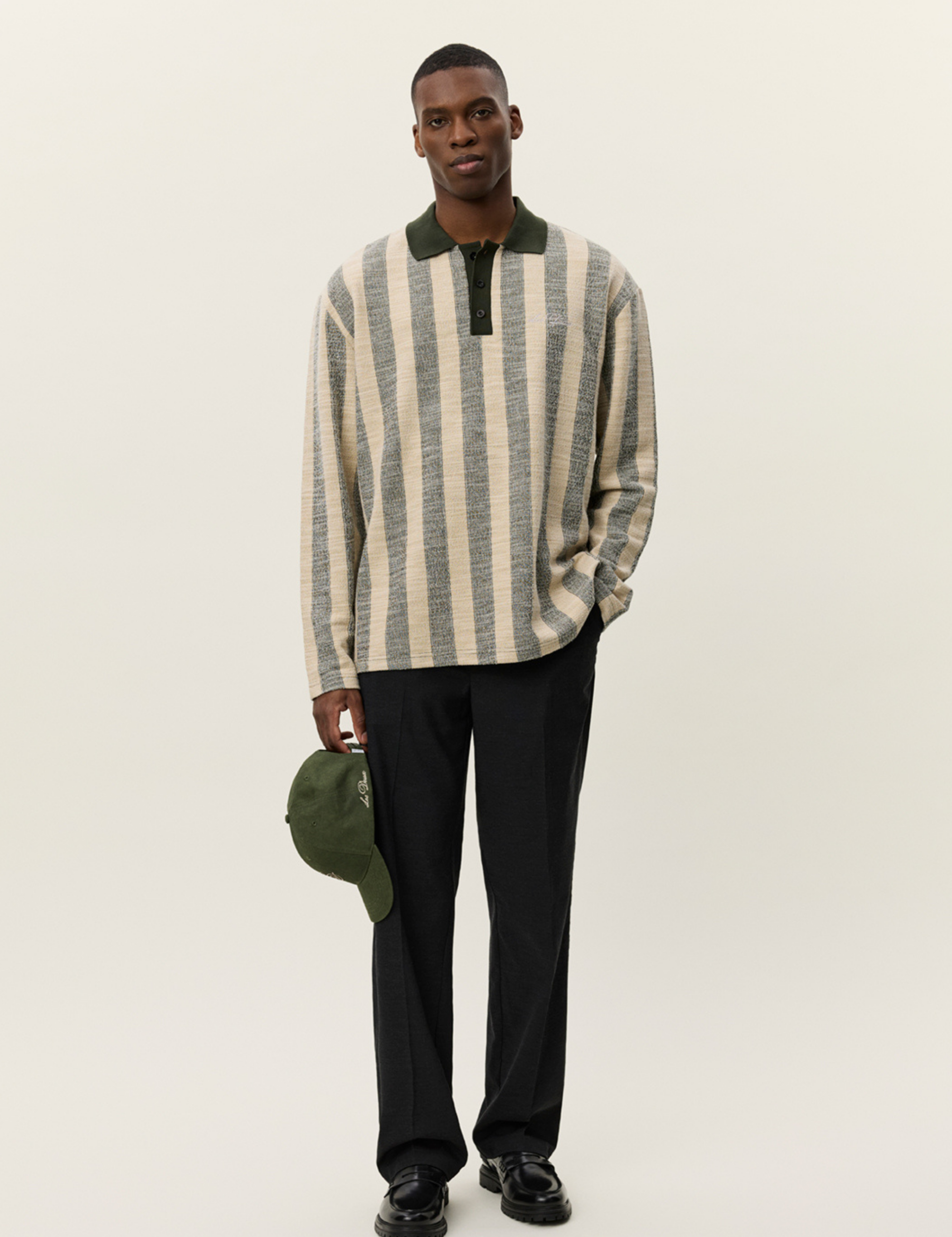 Les Deux Bowie Jacquard Jersey LS Long Sleeve Polo Shirt Duffel Bag Green Cream Stripe Design Contrast Collar Fall Winter Men’s Tops for Men Athens GA Georgia Kempt Menswear Store Near Me