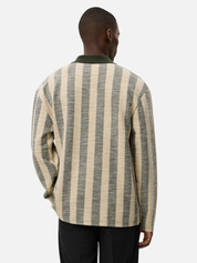 Les Deux Bowie Jacquard Jersey LS Long Sleeve Polo Shirt Duffel Bag Green Cream Stripe Design Contrast Collar Fall Winter Men’s Tops for Men Athens GA Georgia Kempt Menswear Store Near Me