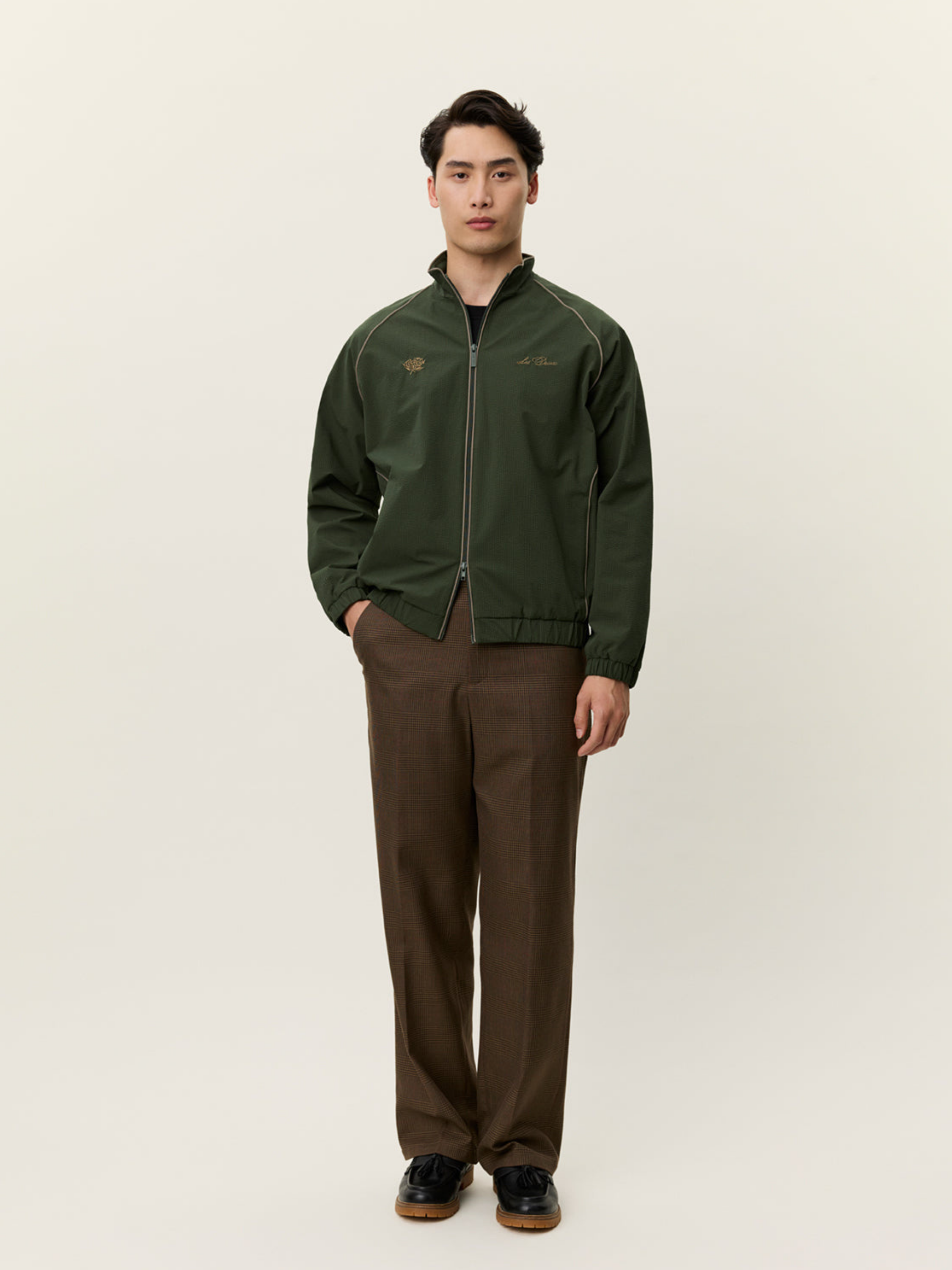 Les Deux Jack Seersucker Track Jacket Sporty Sports Inspired Jackets for Men Vintage Retro Top Fall Winter Men’s Outerwear Duffel Bag Green Yellow Trim Detail Athens GA Georgia Kempt Menswear Store Near Me