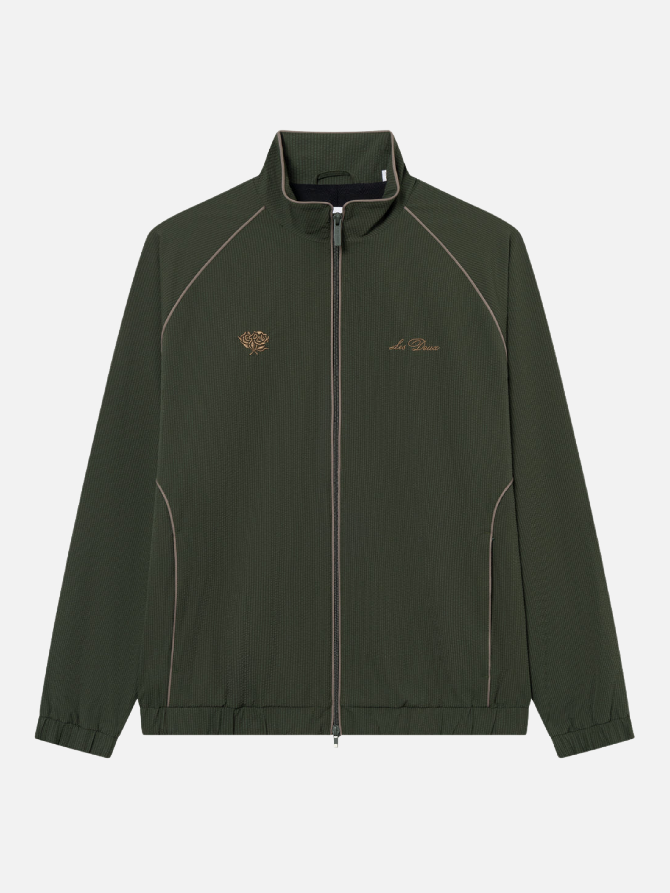 Les Deux Jack Seersucker Track Jacket Sporty Sports Inspired Jackets for Men Vintage Retro Top Fall Winter Men’s Outerwear Duffel Bag Green Yellow Trim Detail Athens GA Georgia Kempt Menswear Store Near Me