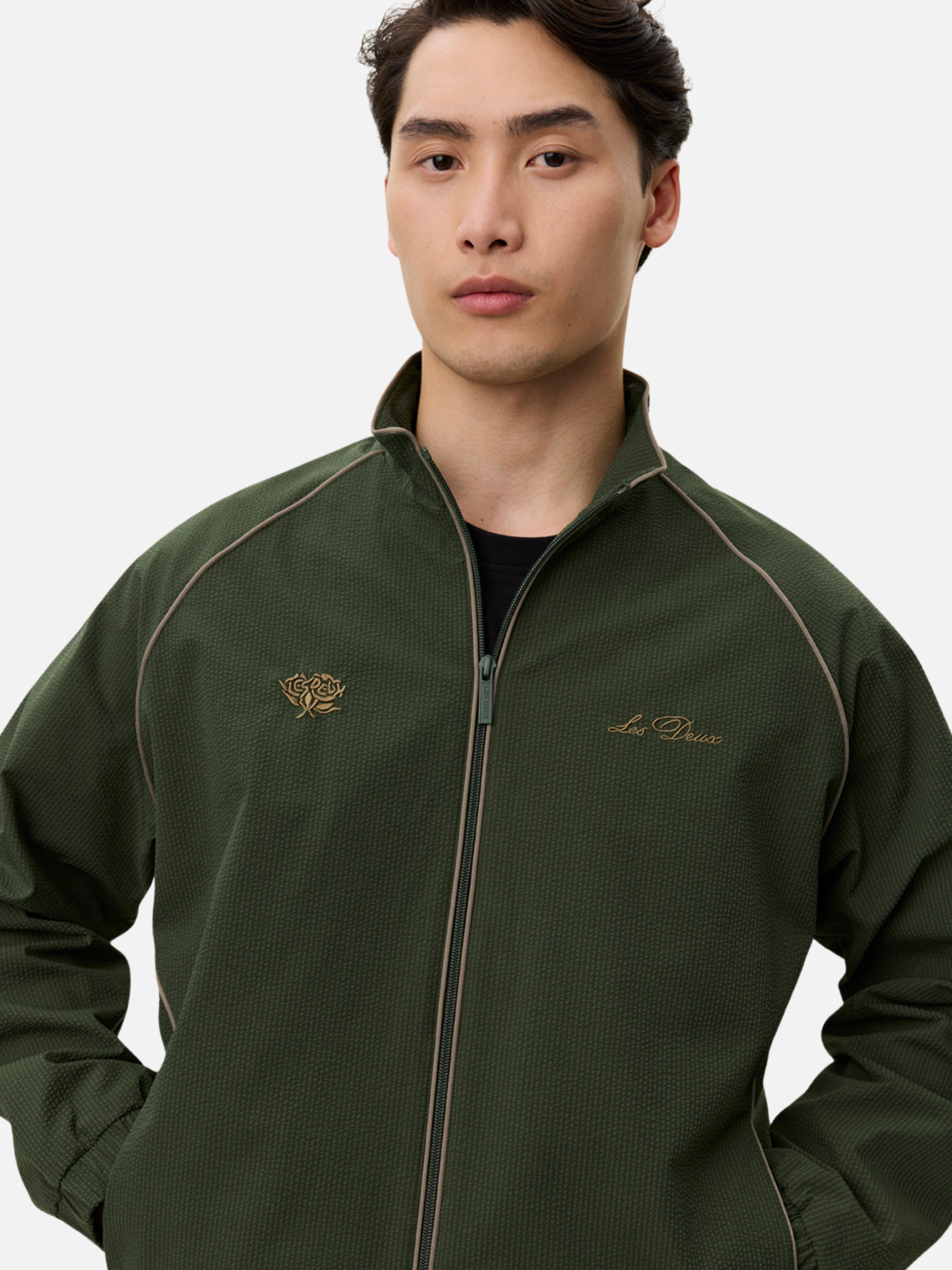 Les Deux Jack Seersucker Track Jacket Sporty Sports Inspired Jackets for Men Vintage Retro Top Fall Winter Men’s Outerwear Duffel Bag Green Yellow Trim Detail Athens GA Georgia Kempt Menswear Store Near Me