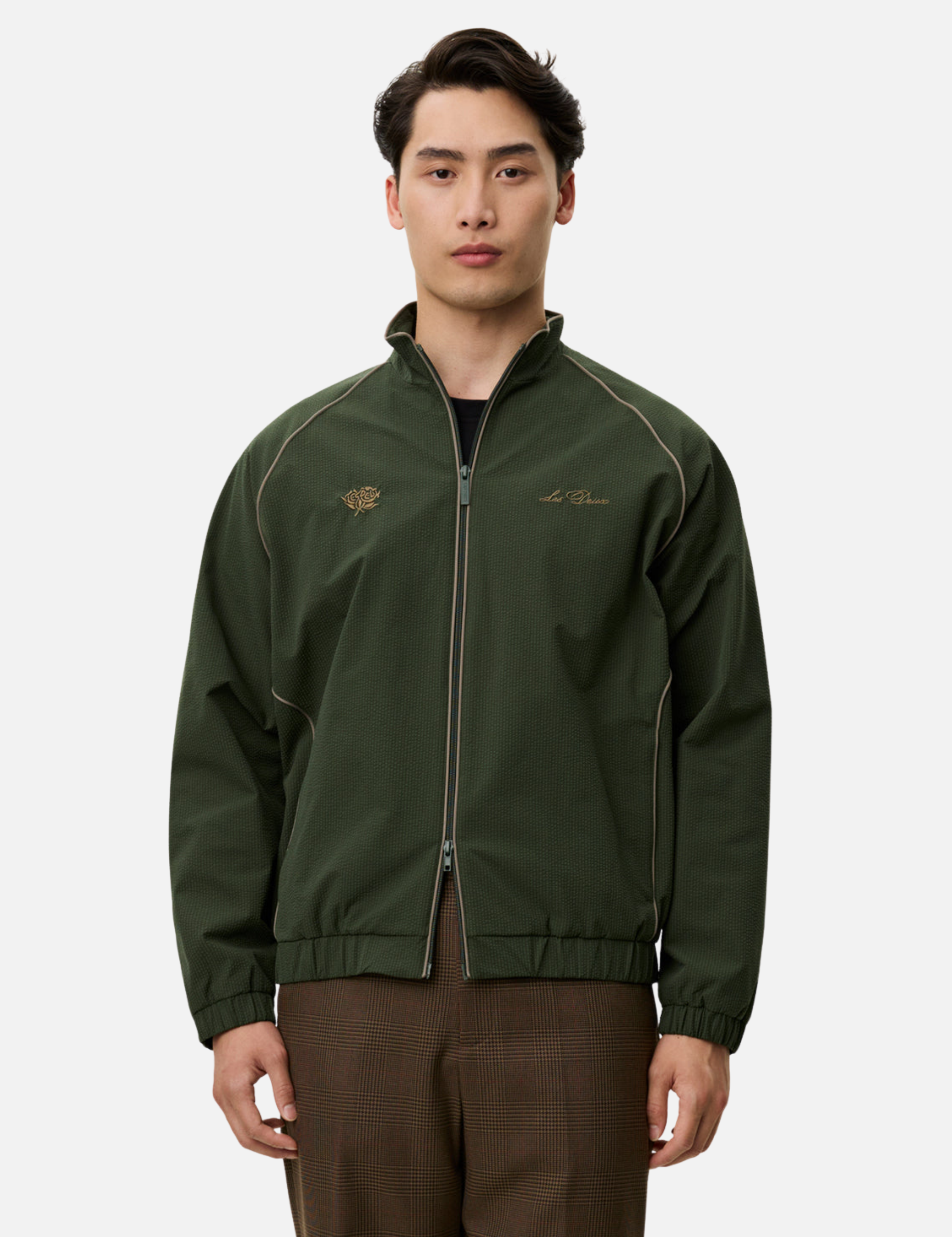 Les Deux Jack Seersucker Track Jacket Sporty Sports Inspired Jackets for Men Vintage Retro Top Fall Winter Men’s Outerwear Duffel Bag Green Yellow Trim Detail Athens GA Georgia Kempt Menswear Store Near Me