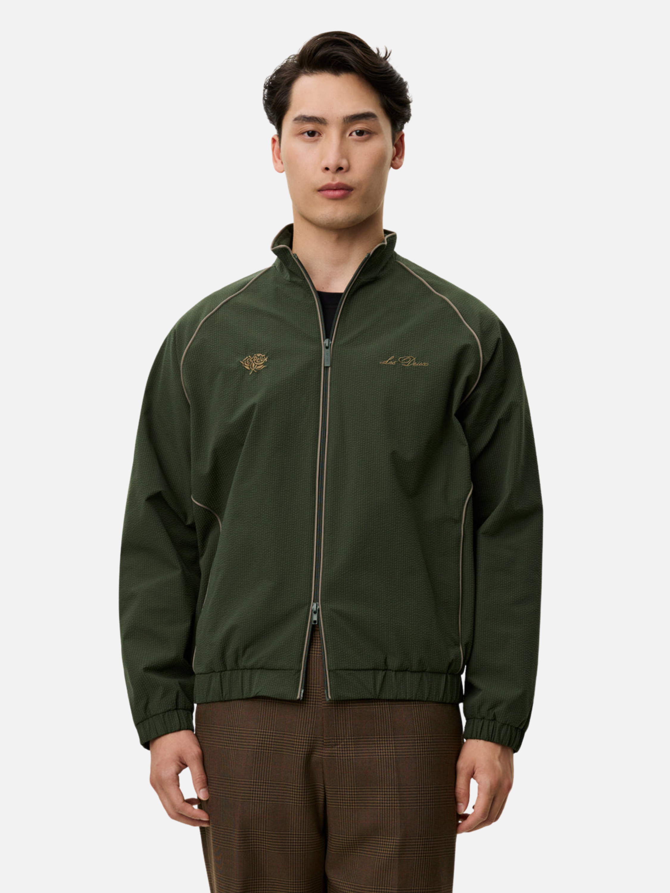 Les Deux Jack Seersucker Track Jacket Sporty Sports Inspired Jackets for Men Vintage Retro Top Fall Winter Men’s Outerwear Duffel Bag Green Yellow Trim Detail Athens GA Georgia Kempt Menswear Store Near Me