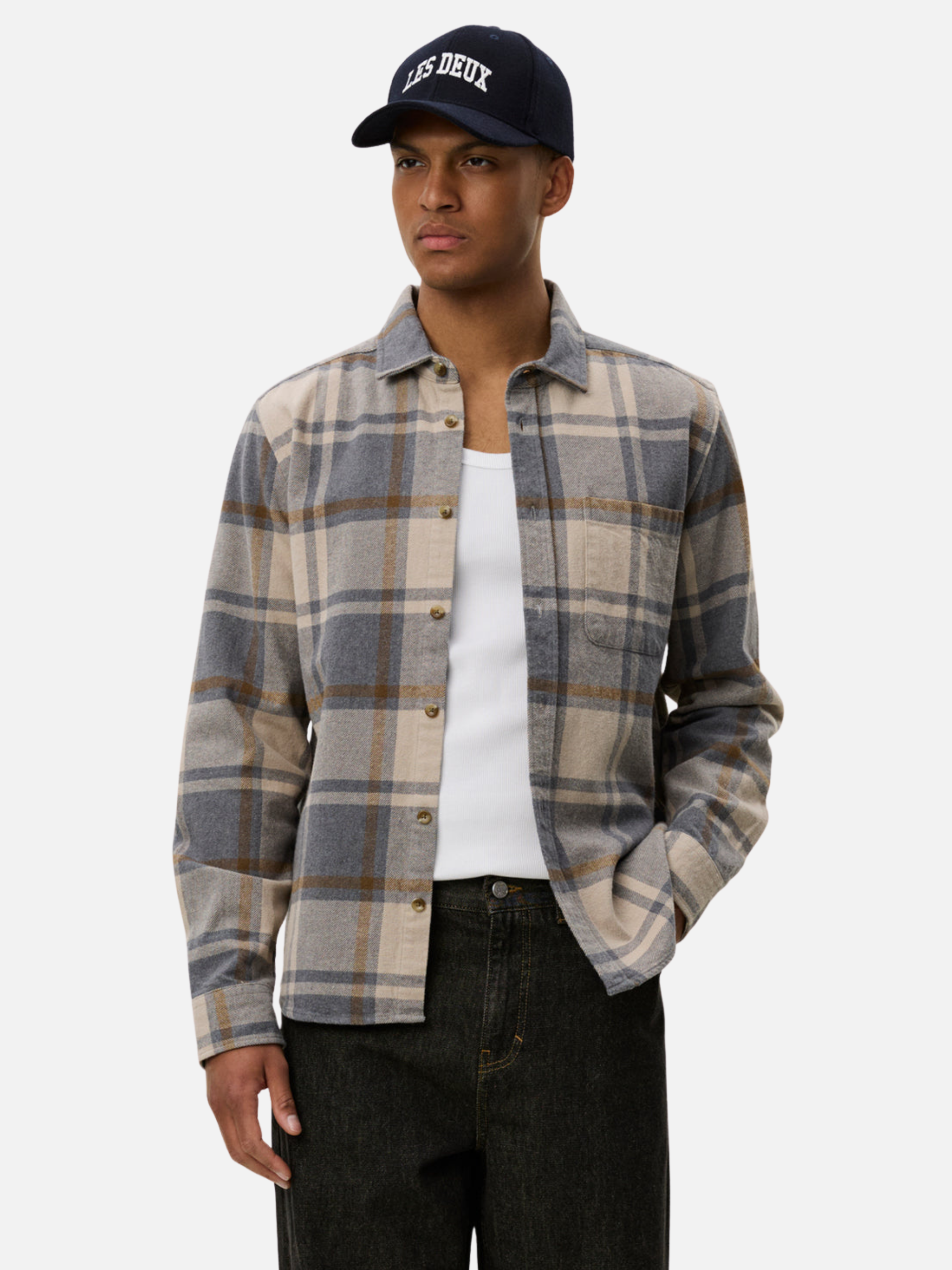 Les Deux Jeremy Check Flannel Shirt LS Long Sleeve Collared Button Up Paid Grey Melange Fall Winter Men’s Tops Athens GA Georgia Kempt Menswear Store Near Me