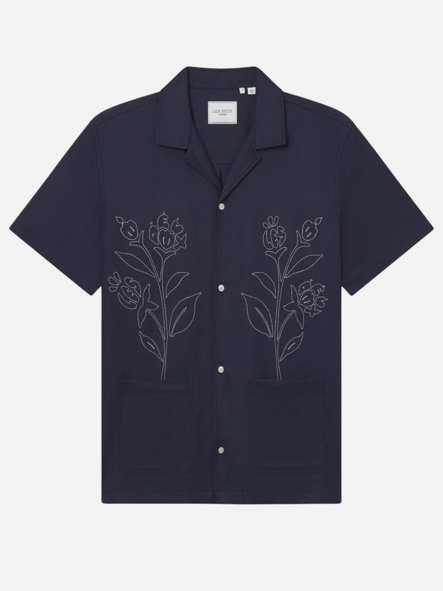 Les Deux Kingsley SS Short Sleeve Spring Summer Men’s Shirt Top for Men Camp Collar Button Up Embroidery Design Dark Navy Blue 