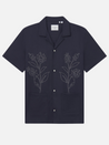 Les Deux Kingsley SS Short Sleeve Spring Summer Men’s Shirt Top for Men Camp Collar Button Up Embroidery Design Dark Navy Blue 