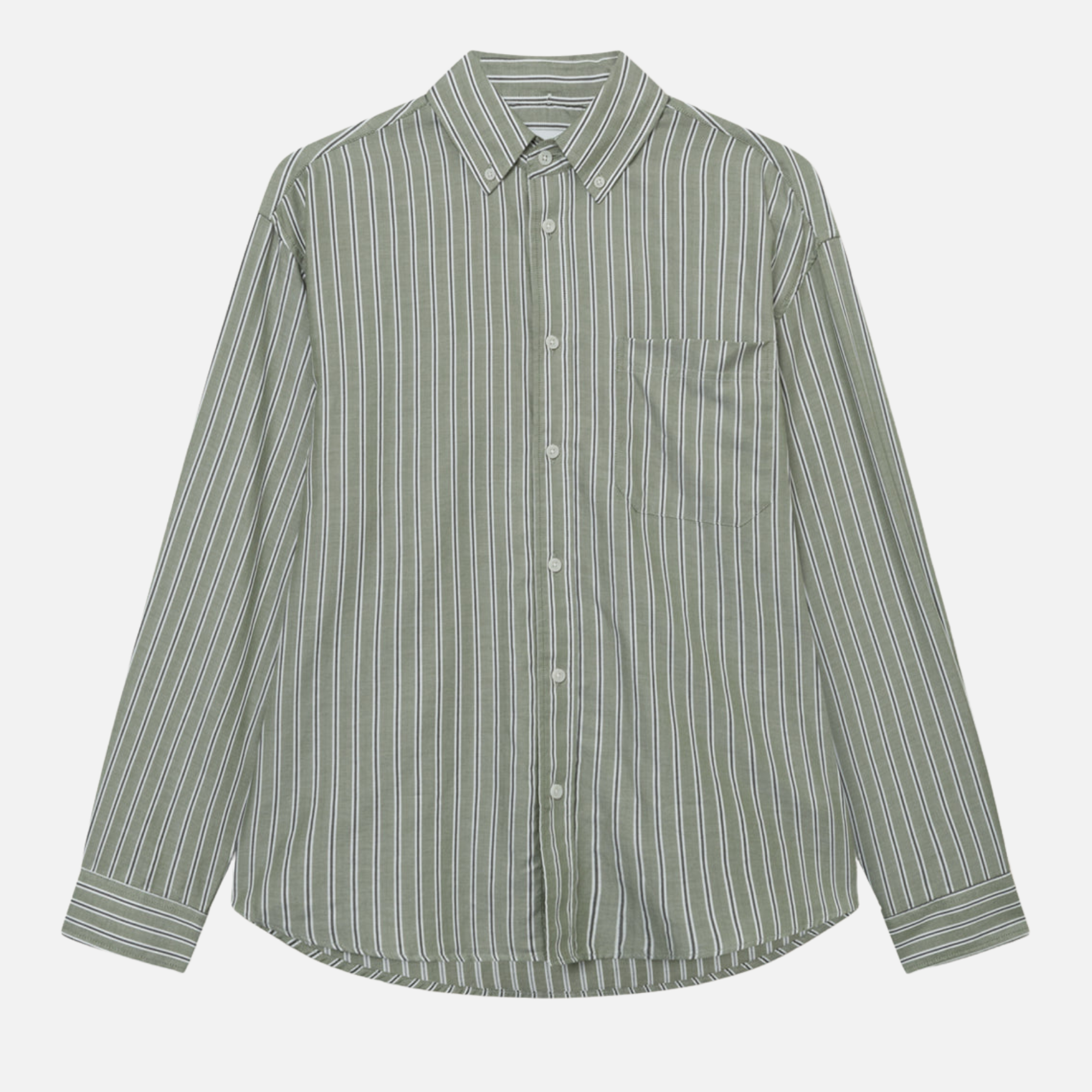 Les Deux Kolton Herringbone Poplin Dress Shirt Button Up Collared Men’s LS Long Sleeve Top White Chive Green Striped Pattern Athens GA Georgia Kempt Menswear Store Near Me